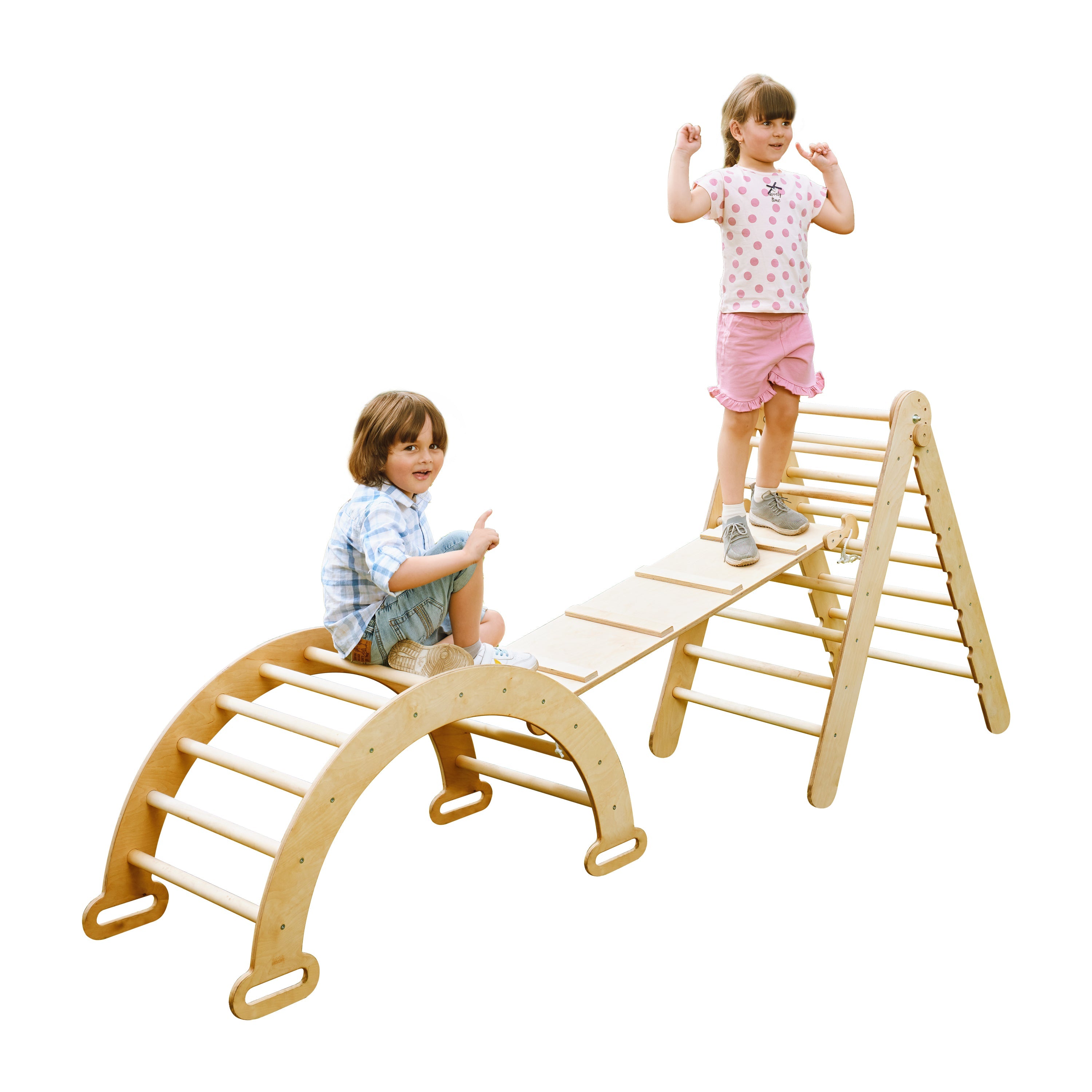 3in1 Montessori Climbing Set: Triangle Ladder + Wooden Arch + Slide Board – Beige NEW 3in1 Playsets Goodevas   