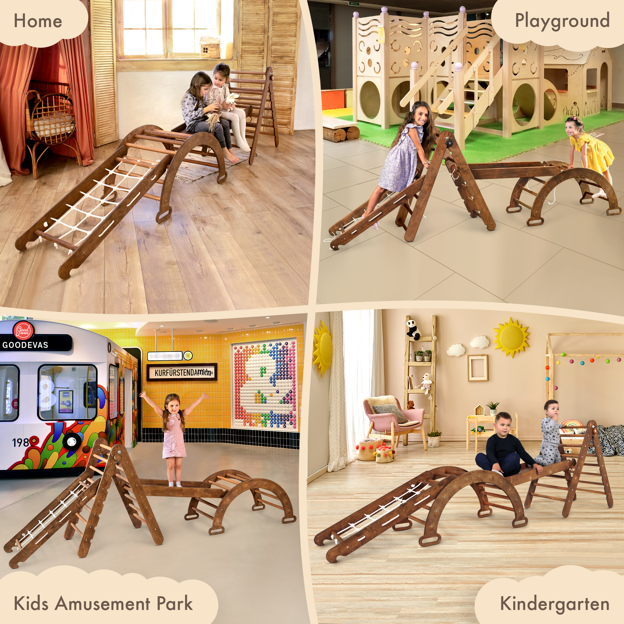 4in1 Montessori Climbing Set: Triangle Ladder + Arch/Rocker + Slide Board/Ramp + Net – Chocolate 4in1 Playsets Goodevas   