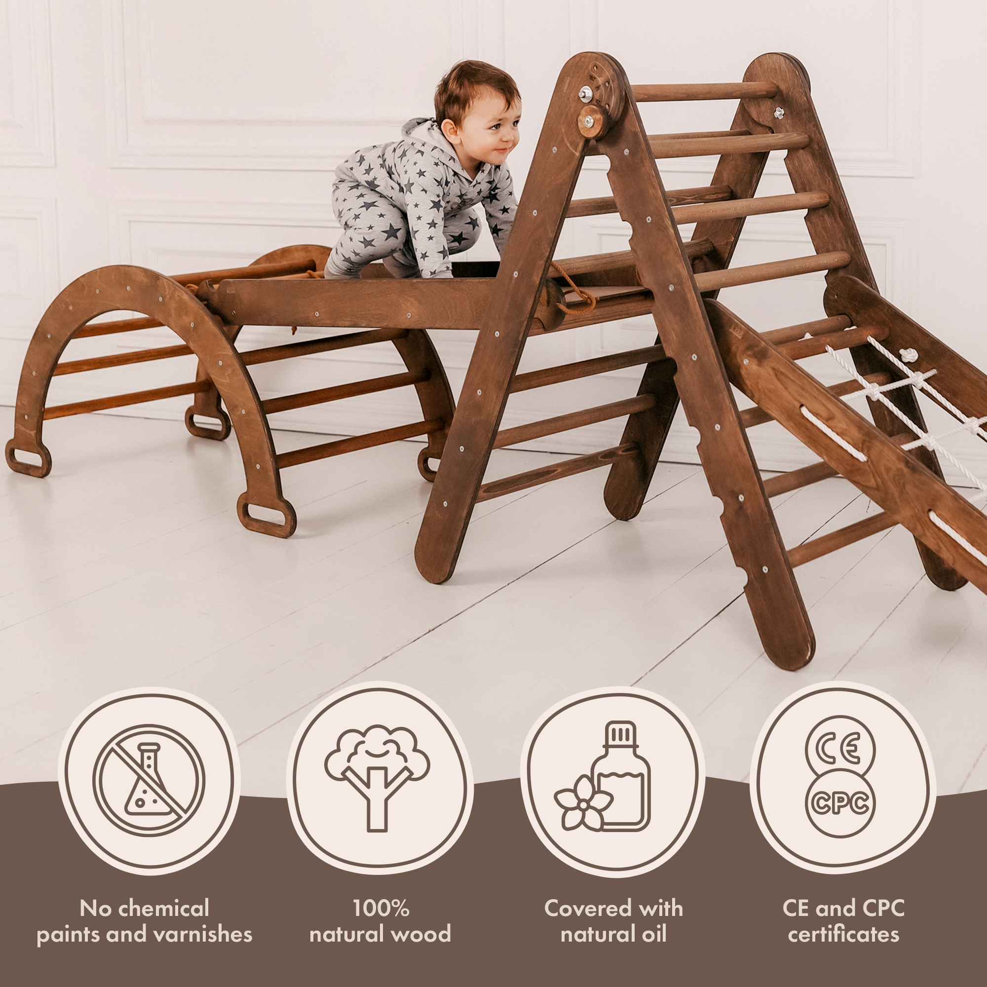 4in1 Montessori Climbing Set: Triangle Ladder + Arch/Rocker + Slide Board/Ramp + Net – Chocolate 4in1 Playsets Goodevas   