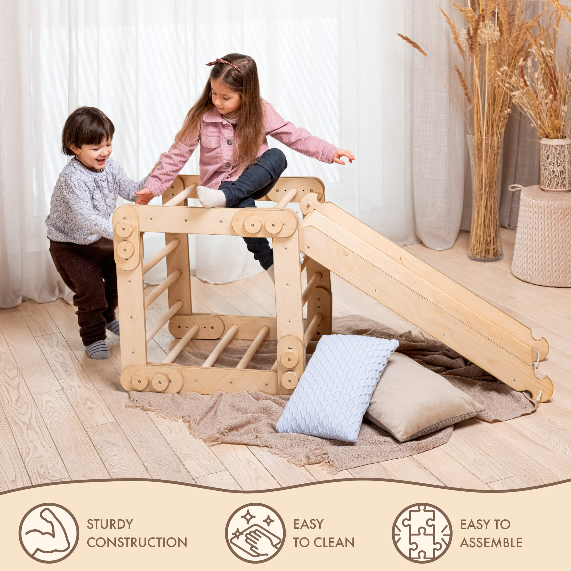 2in1 Montessori Climbing Set: Snake Ladder + Slide Board/Climbing Ramp – Beige 2in1 Playsets Goodevas   