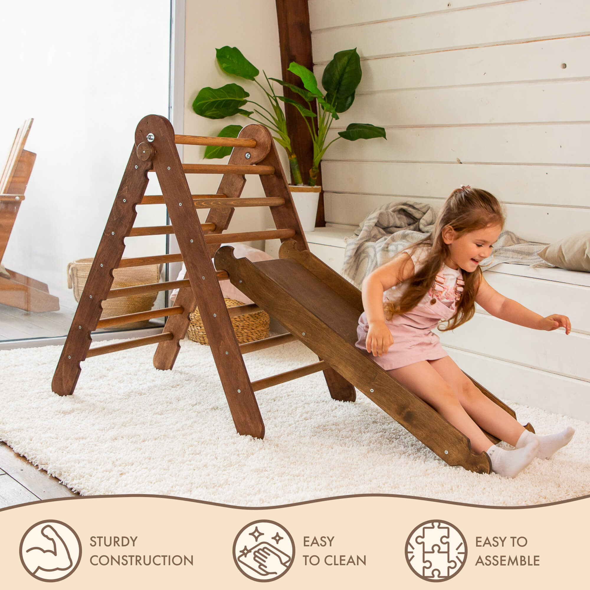 2in1 Montessori Climbing Frame Set: Triangle Ladder + Slide Board/Ramp – Chocolate 2in1 Playsets Goodevas   