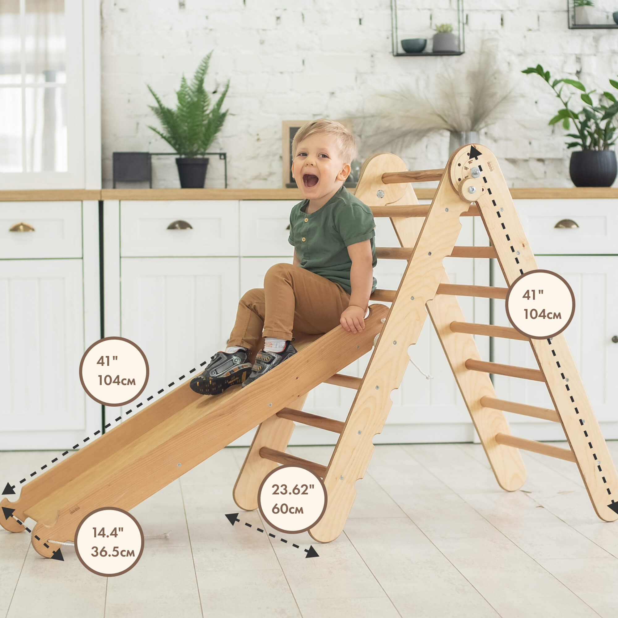 2in1 Montessori Climbing Set: Triangle Ladder + Slide Board/Ramp – Beige 2in1 Playsets Goodevas   