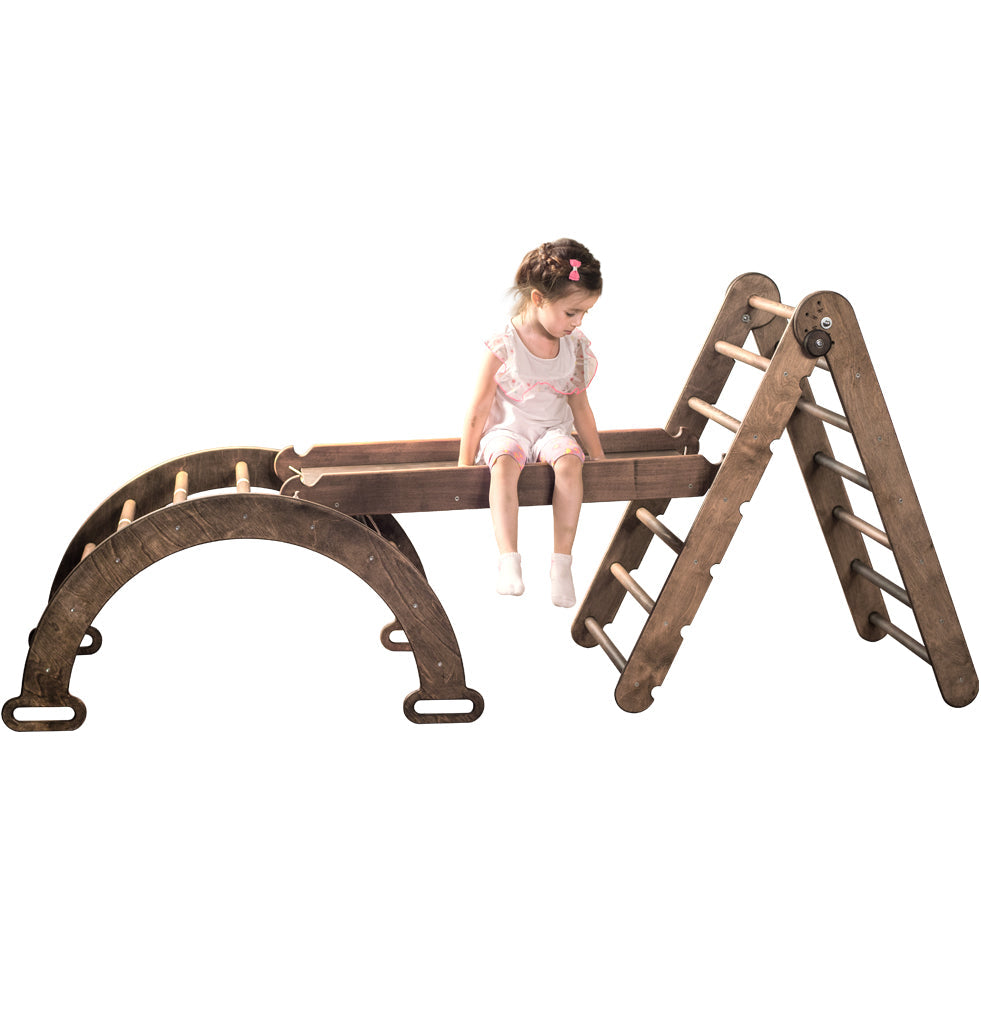 3in1 Montessori Climbing Set: Triangle Ladder + Arch/Rocker Balance + Slide Board – Chocolate 3in1 Playsets Goodevas Chocolate  