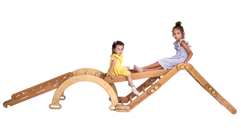 4in1 Montessori Climbing Set: Snake Ladder + Arch/Rocker + Slide Board/Ramp + Climbing Net - Chocolate