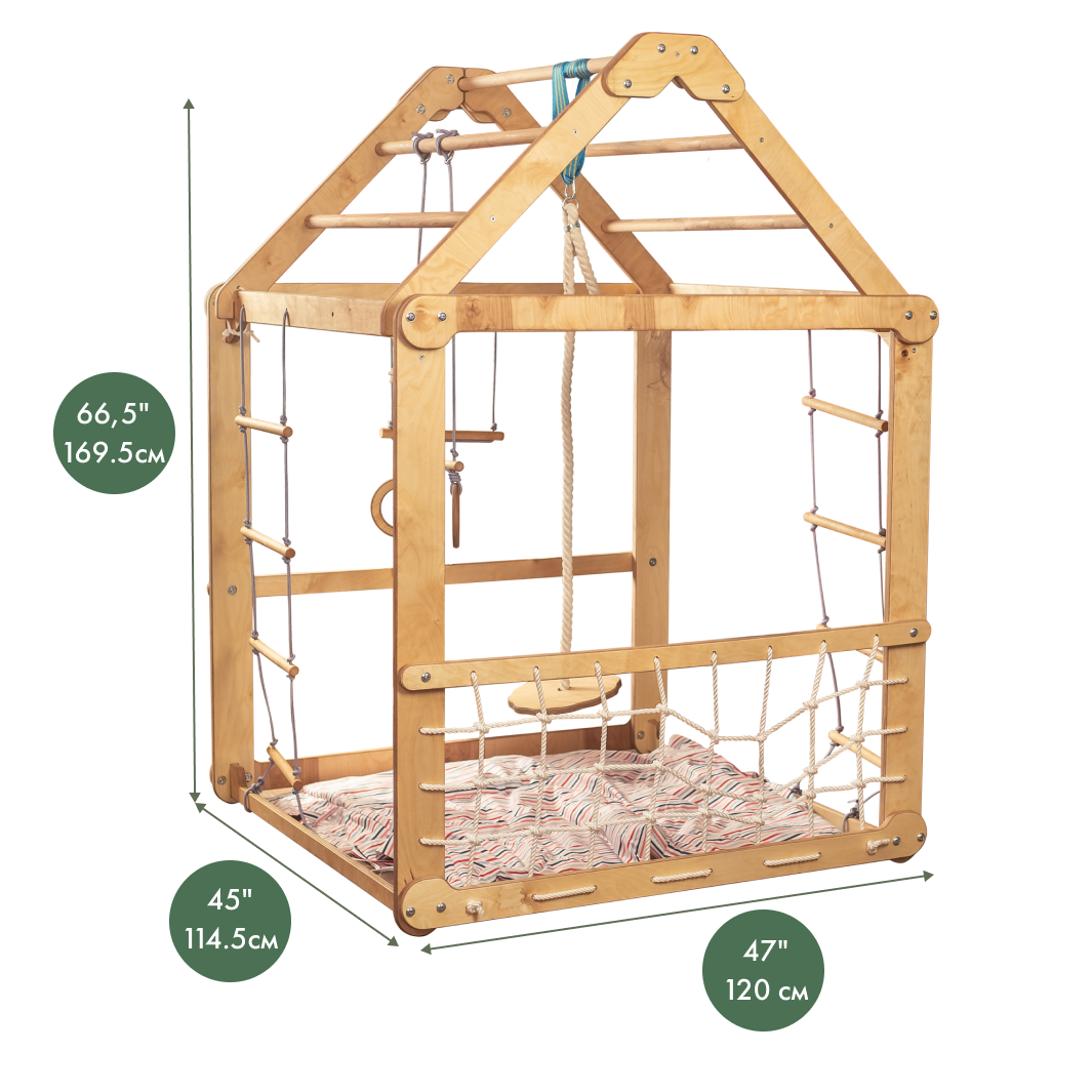 Indoor Wooden Playhouse with Triangle ladder, Slide Board and Swings Playhouses Goodevas   