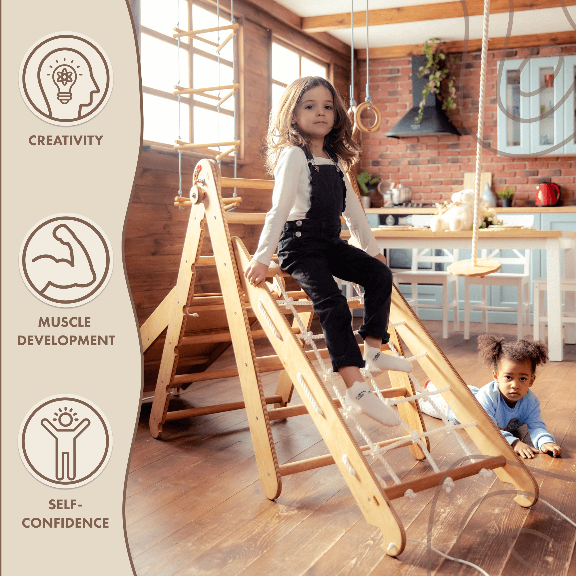 3in1 Montessori Climbing Frame Set: Triangle Ladder + Net + Slide Board/Ramp - Beige 3in1 Playsets Goodevas   