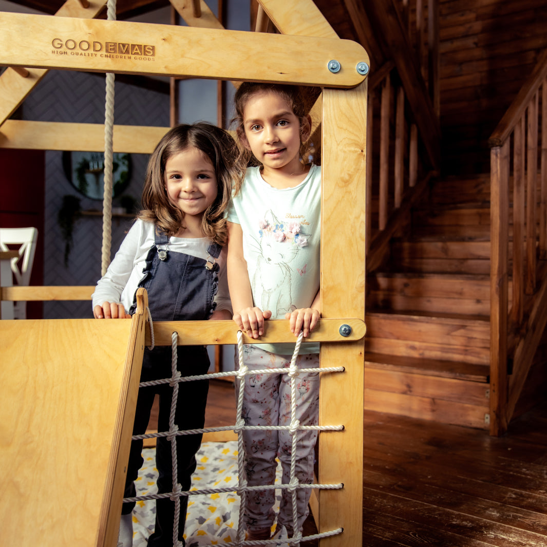 Indoor Wooden Playhouse with Triangle ladder, Slide Board and Swings Playhouses Goodevas   