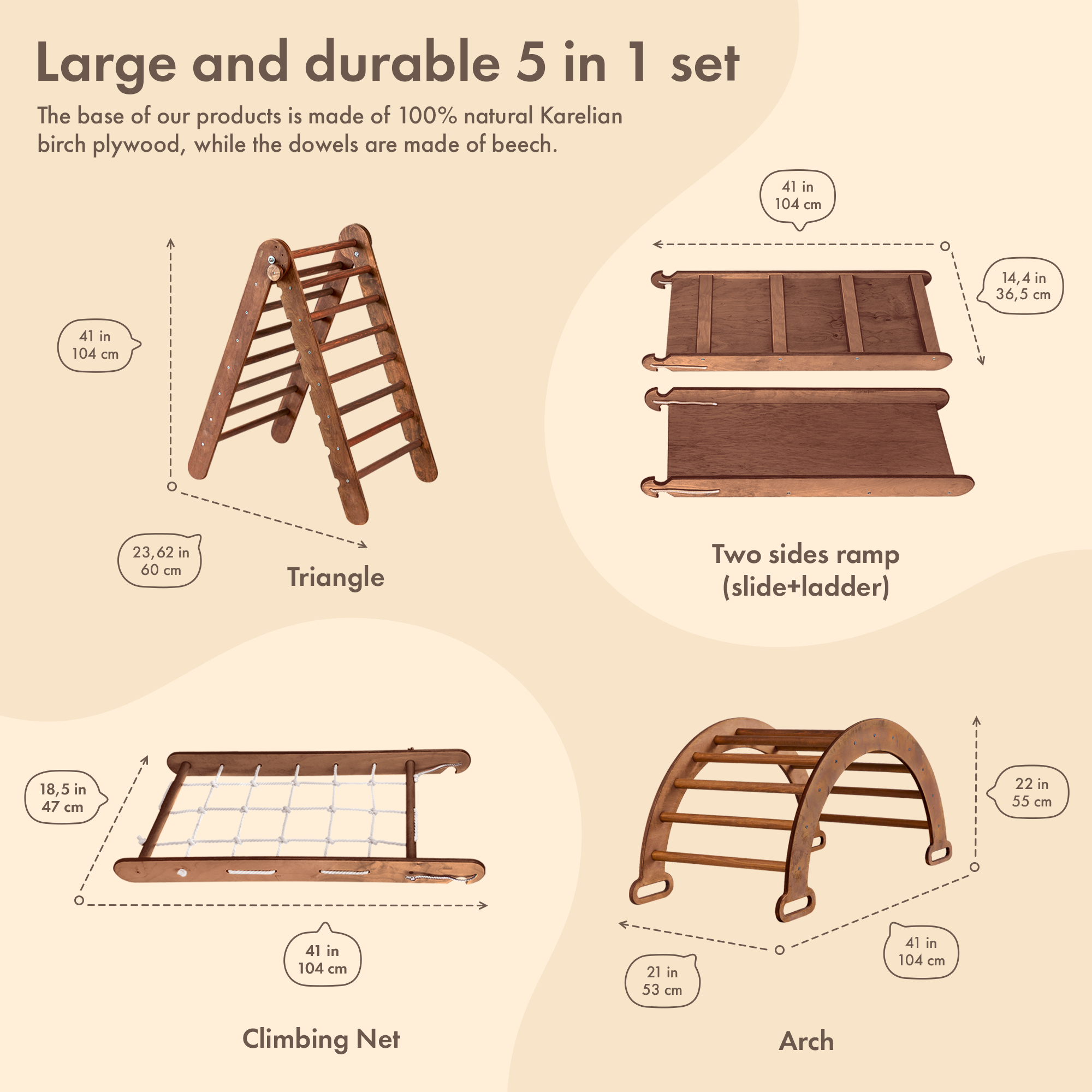 4in1 Montessori Climbing Set: Triangle Ladder + Arch/Rocker + Slide Board/Ramp + Net – Chocolate 4in1 Playsets Goodevas   