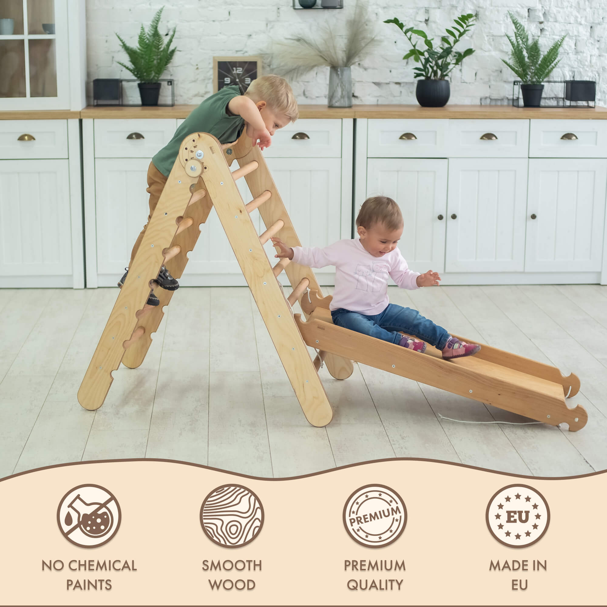 2in1 Montessori Climbing Set: Triangle Ladder + Slide Board/Ramp – Beige 2in1 Playsets Goodevas   