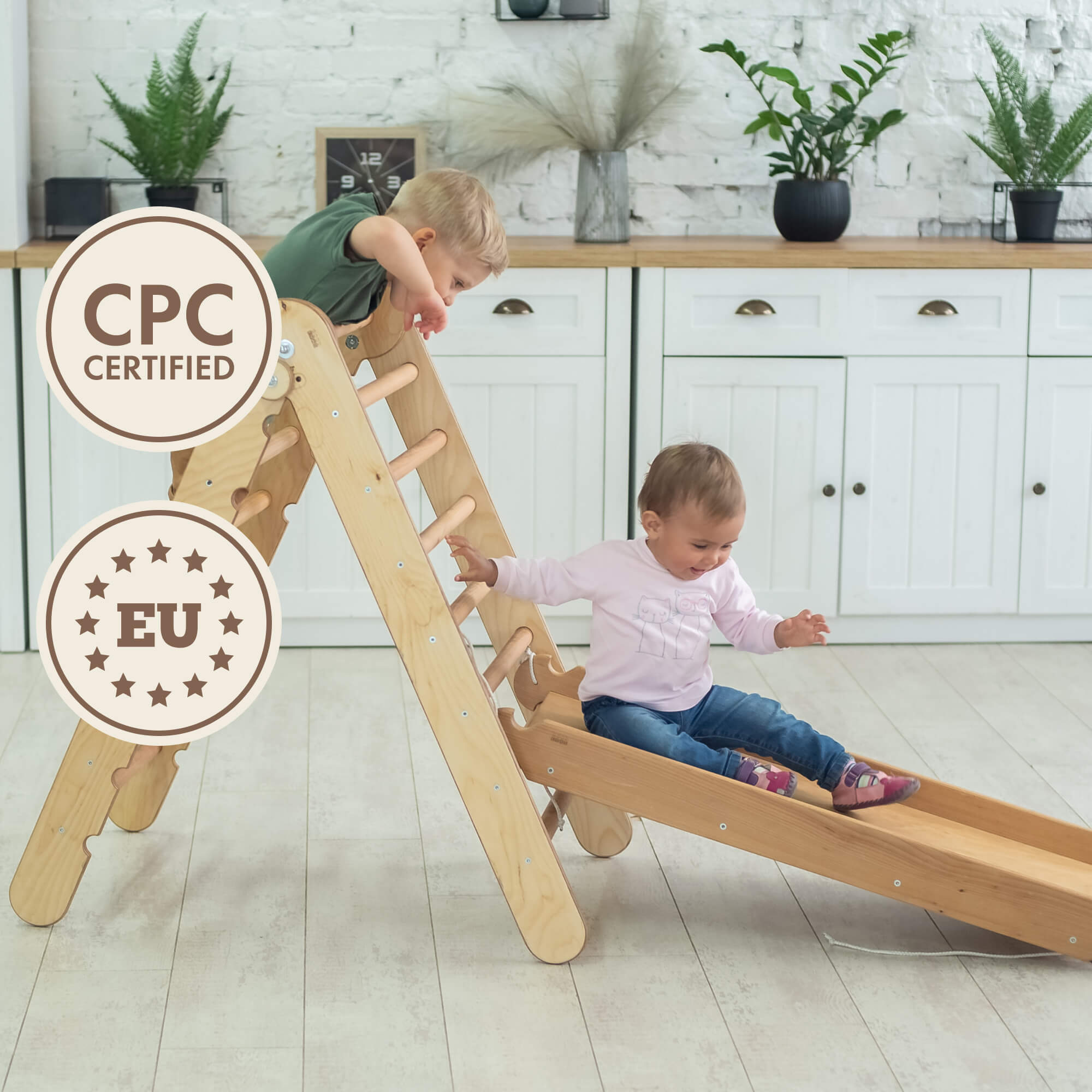 2in1 Montessori Climbing Set: Triangle Ladder + Slide Board/Ramp – Beige 2in1 Playsets Goodevas   