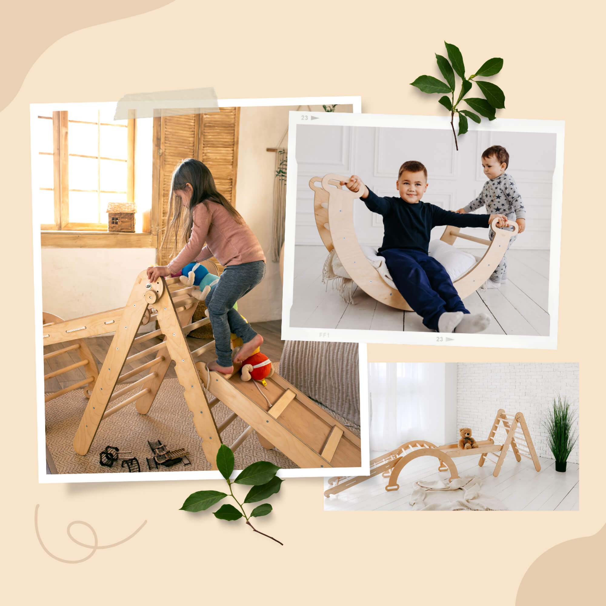 4in1 Montessori Climbing Frame Set: Triangle Ladder + Arch/Rocker + Slide Board/Ramp + Netting rope 4in1 Playsets Goodevas   