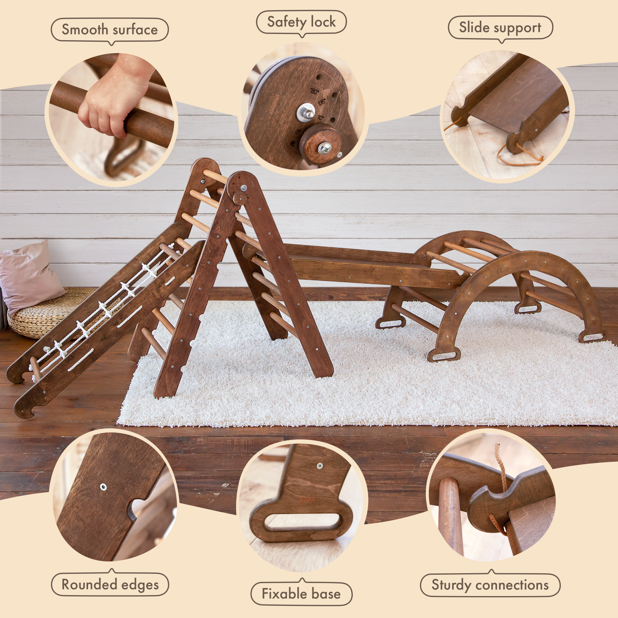 4in1 Montessori Climbing Set: Triangle Ladder + Arch/Rocker + Slide Board/Ramp + Net – Chocolate 4in1 Playsets Goodevas   