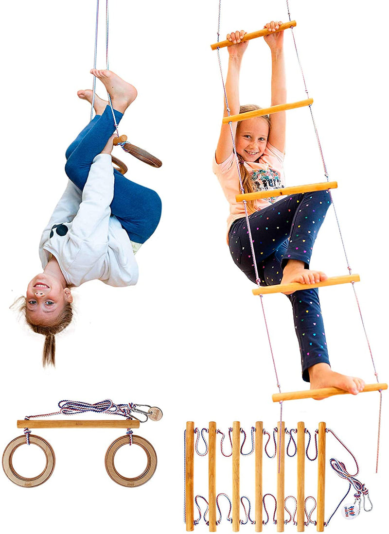 2in1 Swings Set: Trapeze swing bar with rings + Climbing rope ladder