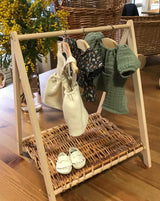 MiniKane Wooden Doll Clothing Rack with Rattan Shelf