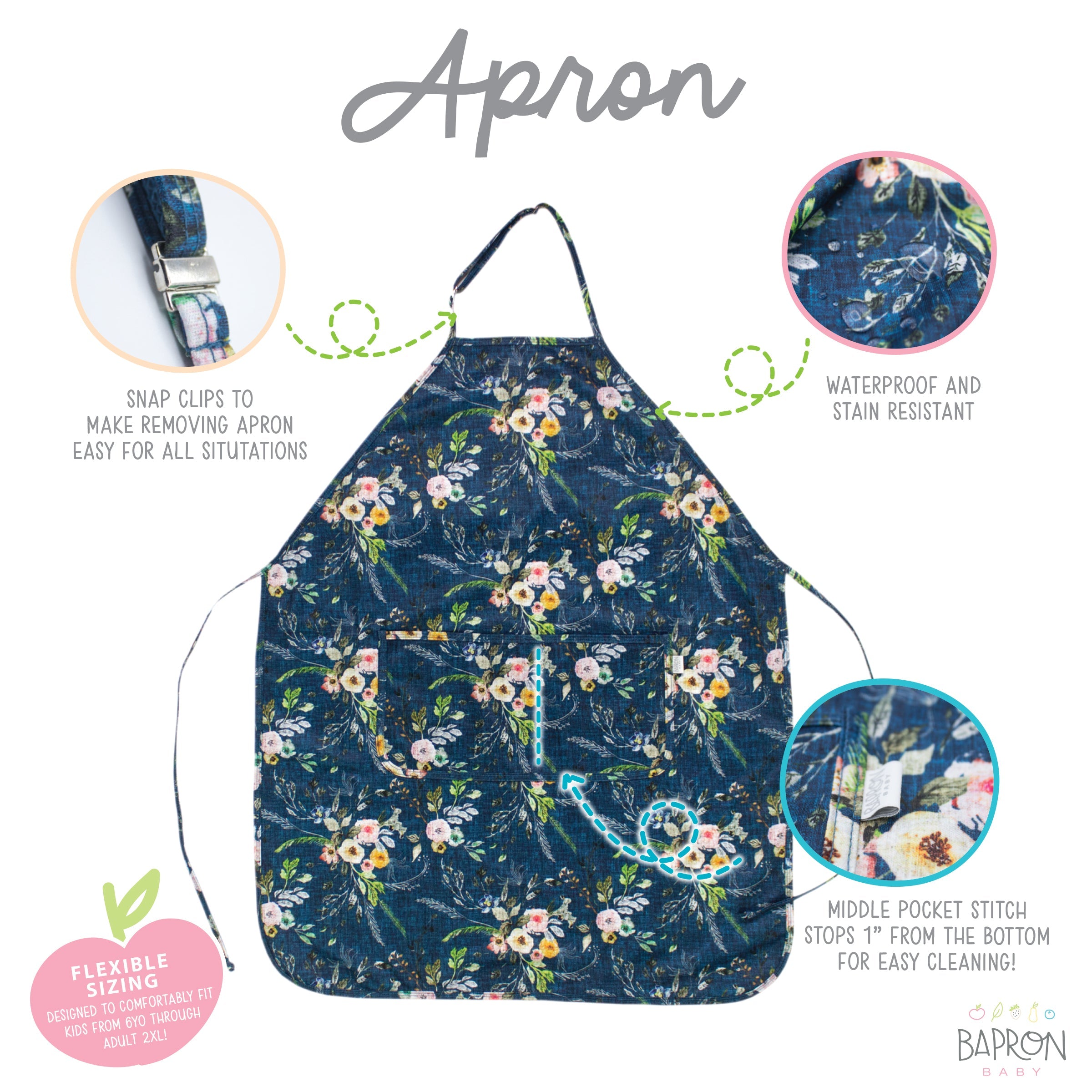 Boho Floral Apron - fits sizes youth small through adult 2XL  BapronBaby   