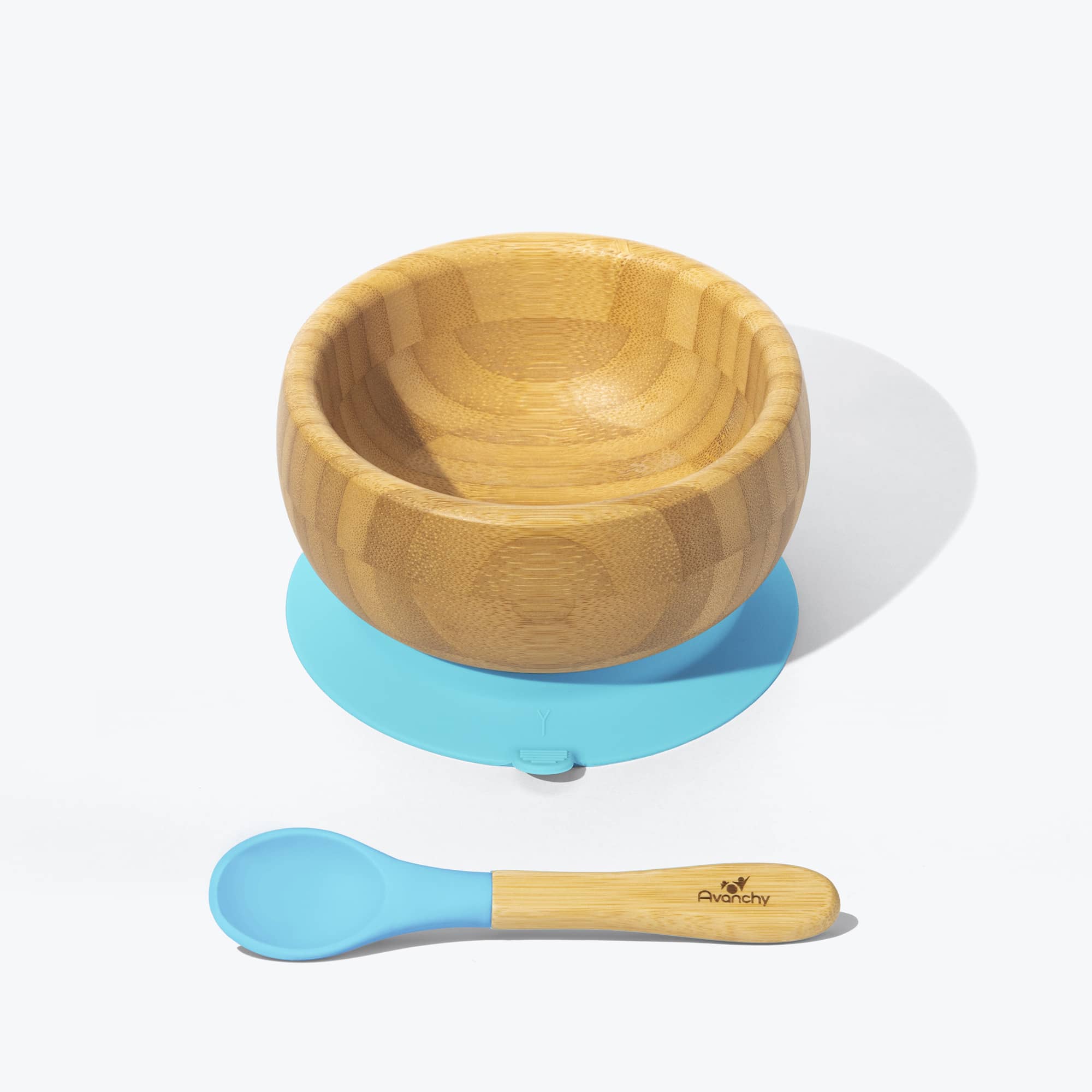 Avanchy Bamboo Suction Baby Bowl + Spoon Baby Feeding Avanchy Sustainable Baby Dishware Blue  