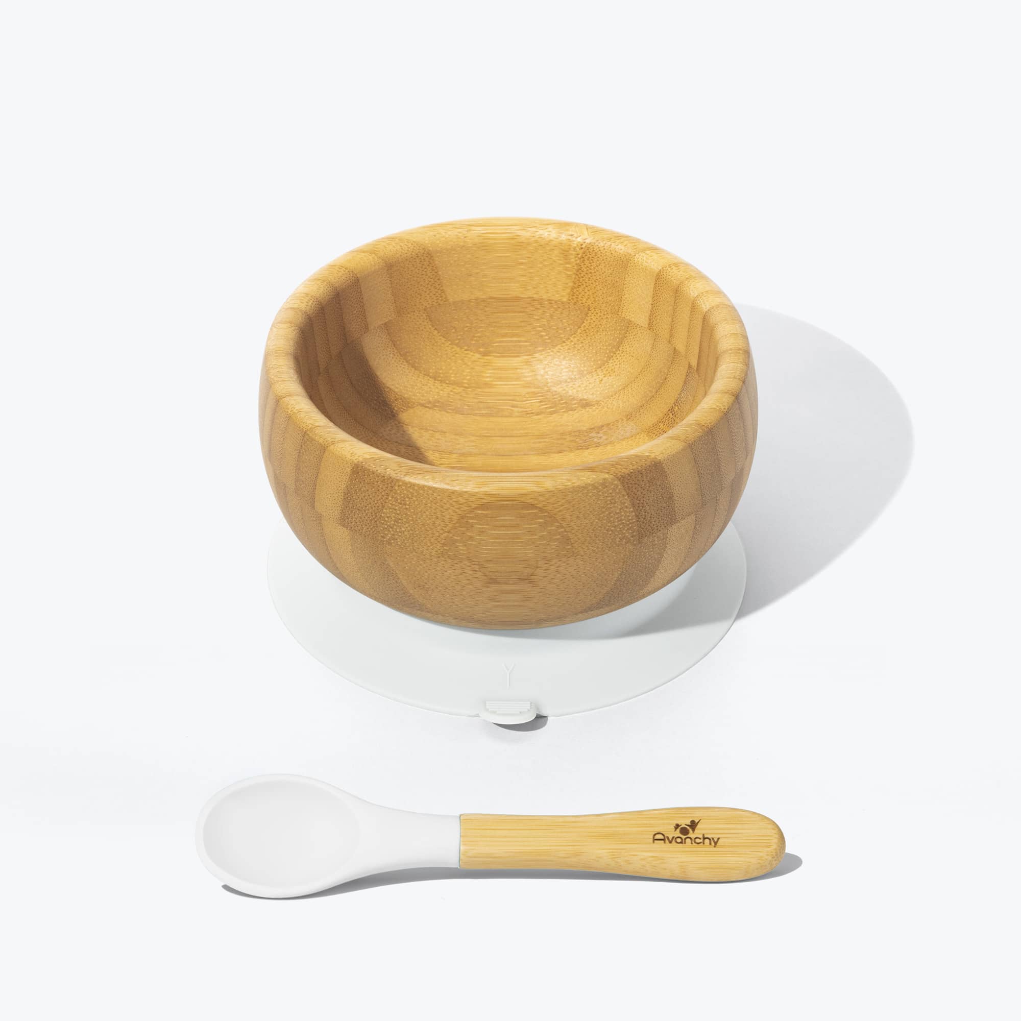 Avanchy Bamboo Suction Baby Bowl + Spoon Baby Feeding Avanchy Sustainable Baby Dishware White  