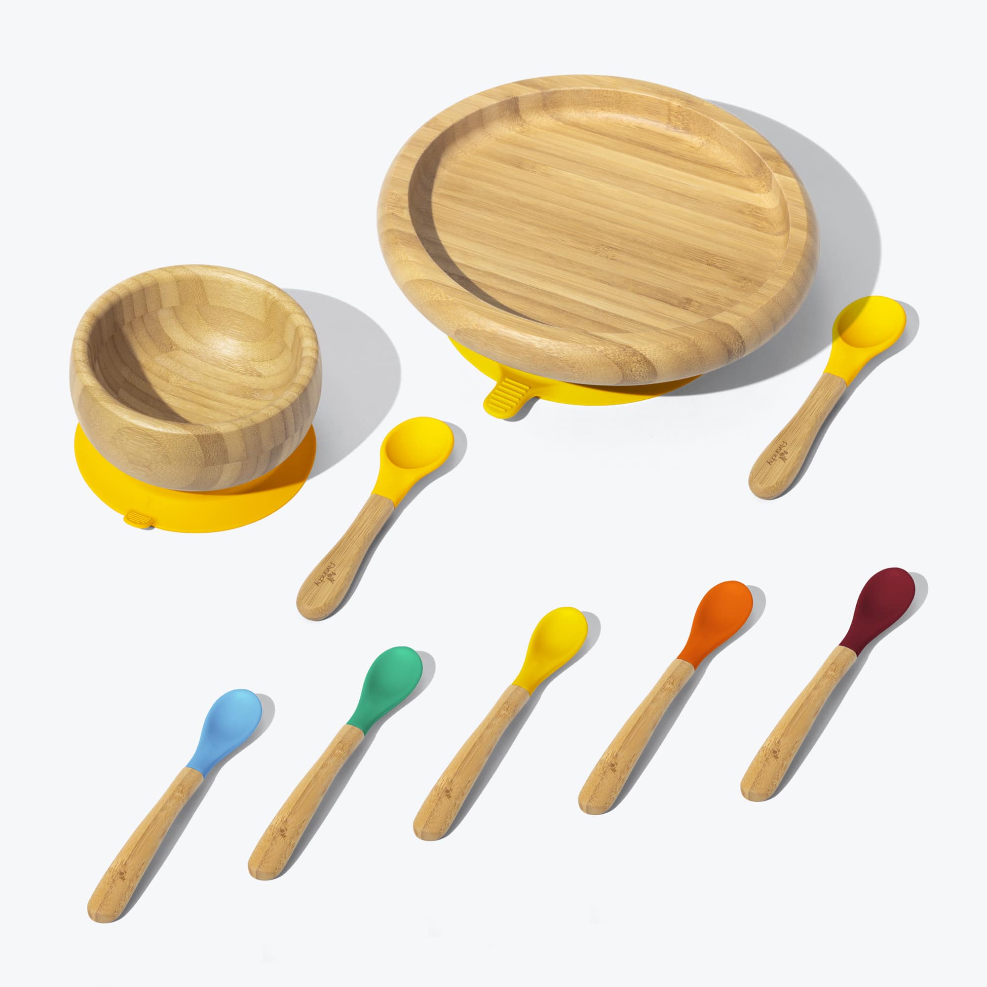 Avanchy Build-A-Rainbow Collections Toddler Feeding Avanchy Sustainable Baby Dishware Classic Plate W/ Spoon 5 Pack Infant Spoons Yellow