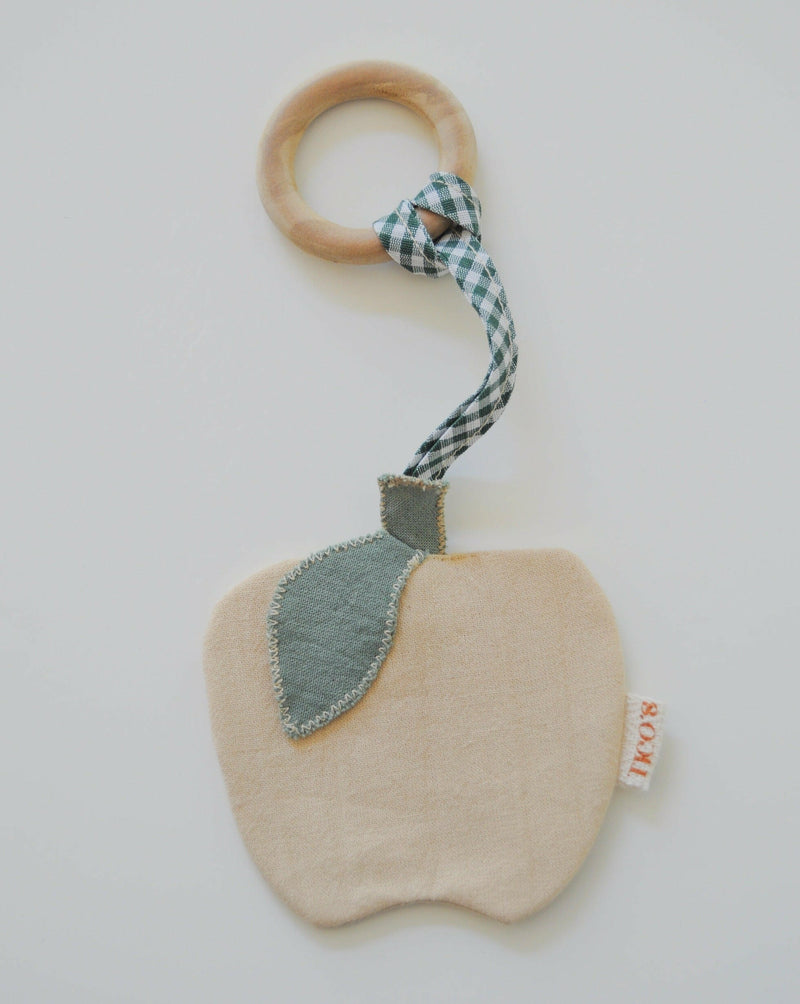 Little Wonder Co. Organic Cotton Non-Splintering Wood Patterned Attachment String Teether Textured Teething Fall Apple Red Cream