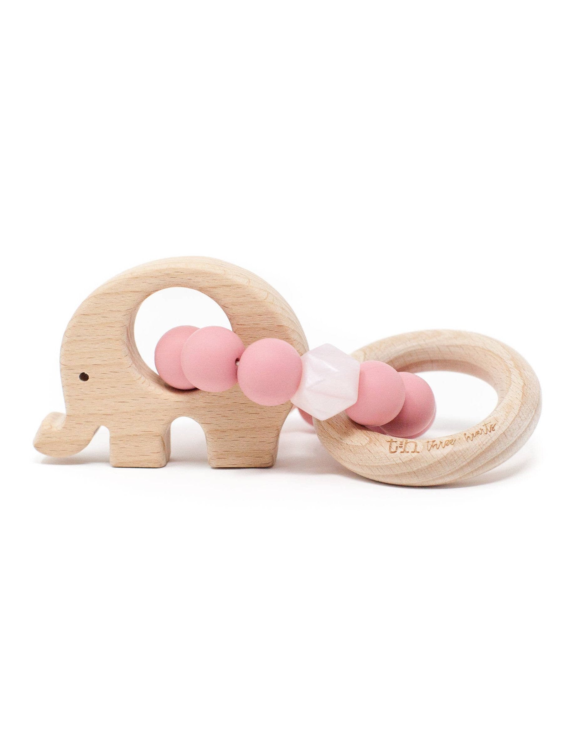 Elephant Teething Rattle Baby Essentials Three Hearts Dusty Rose  