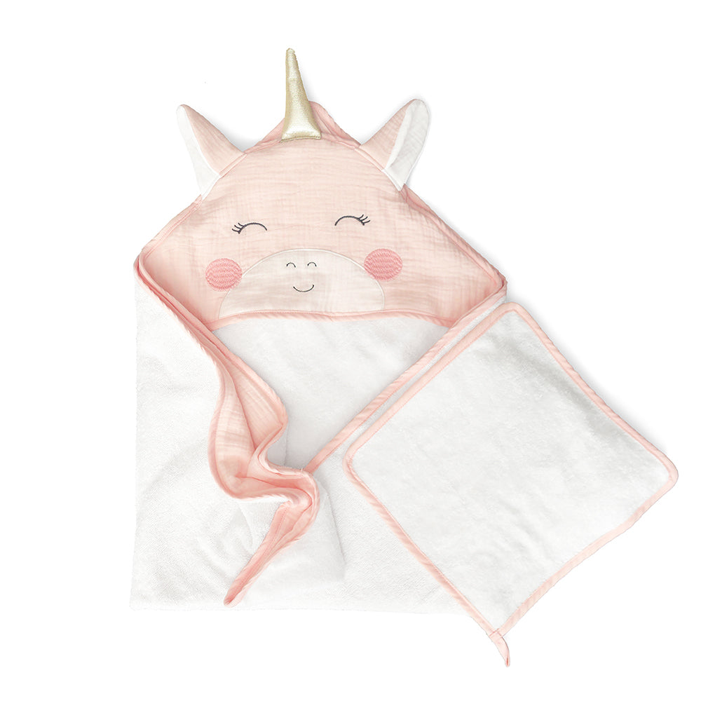 PETIT UNICORN TOWEL AND WASHCLOTH SET Hooded Bath Wraps MON AMI   