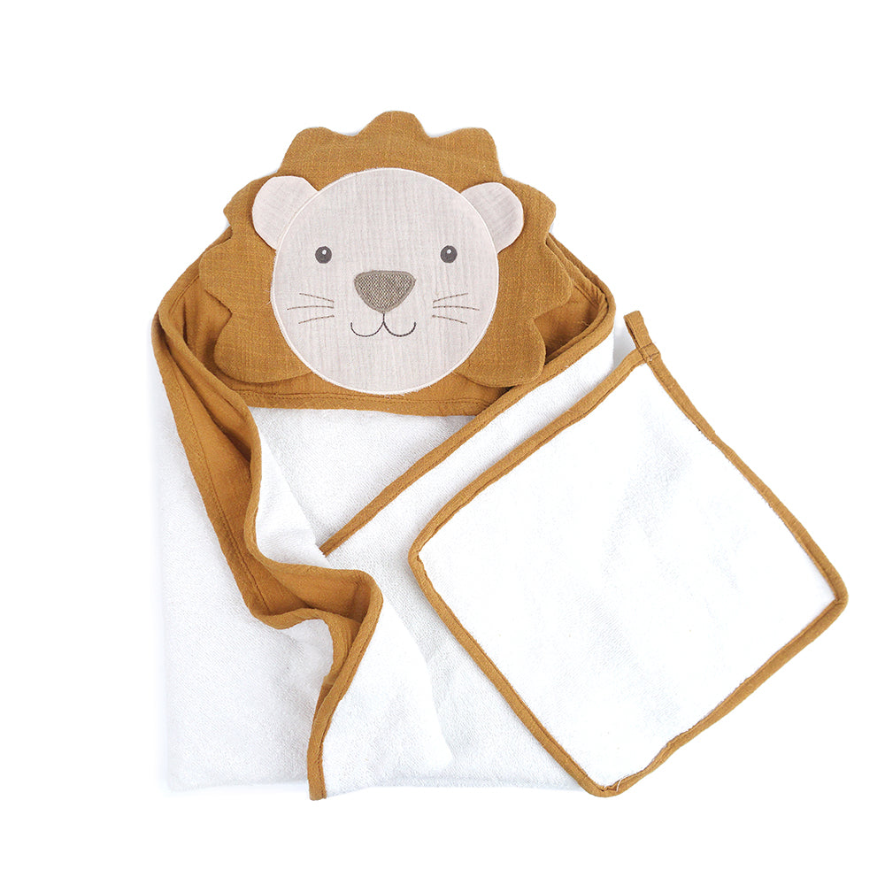 PETIT LION TOWEL AND WASHCLOTH SET Hooded Bath Wraps MON AMI   