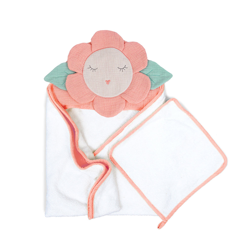 PETIT FLOWER TOWEL AND WASHCLOTH SET Hooded Bath Wraps MON AMI   