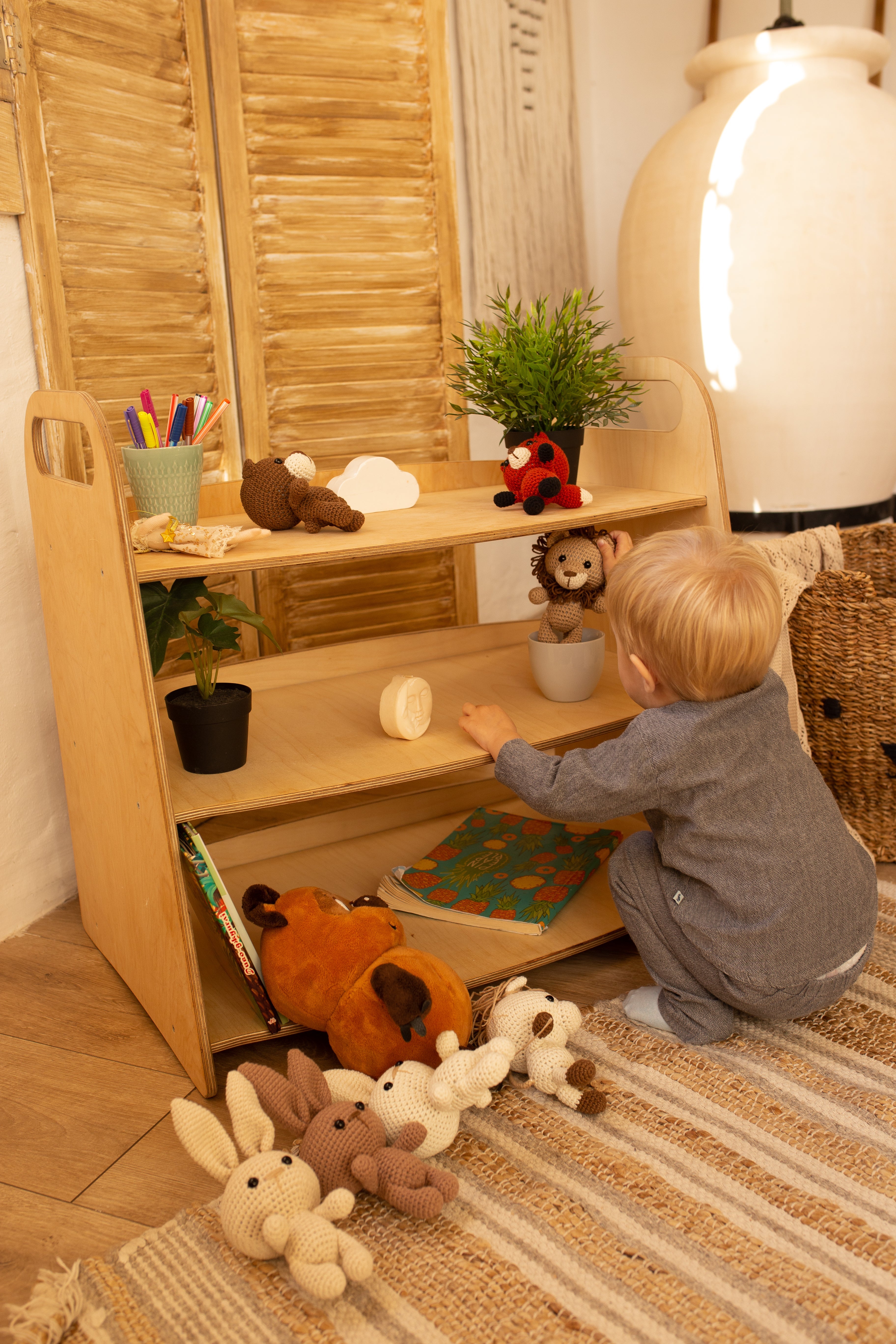 2in1 Montessori Shelves Set: Bookshelf + Toy Shelf – Beige Shelves Goodevas   