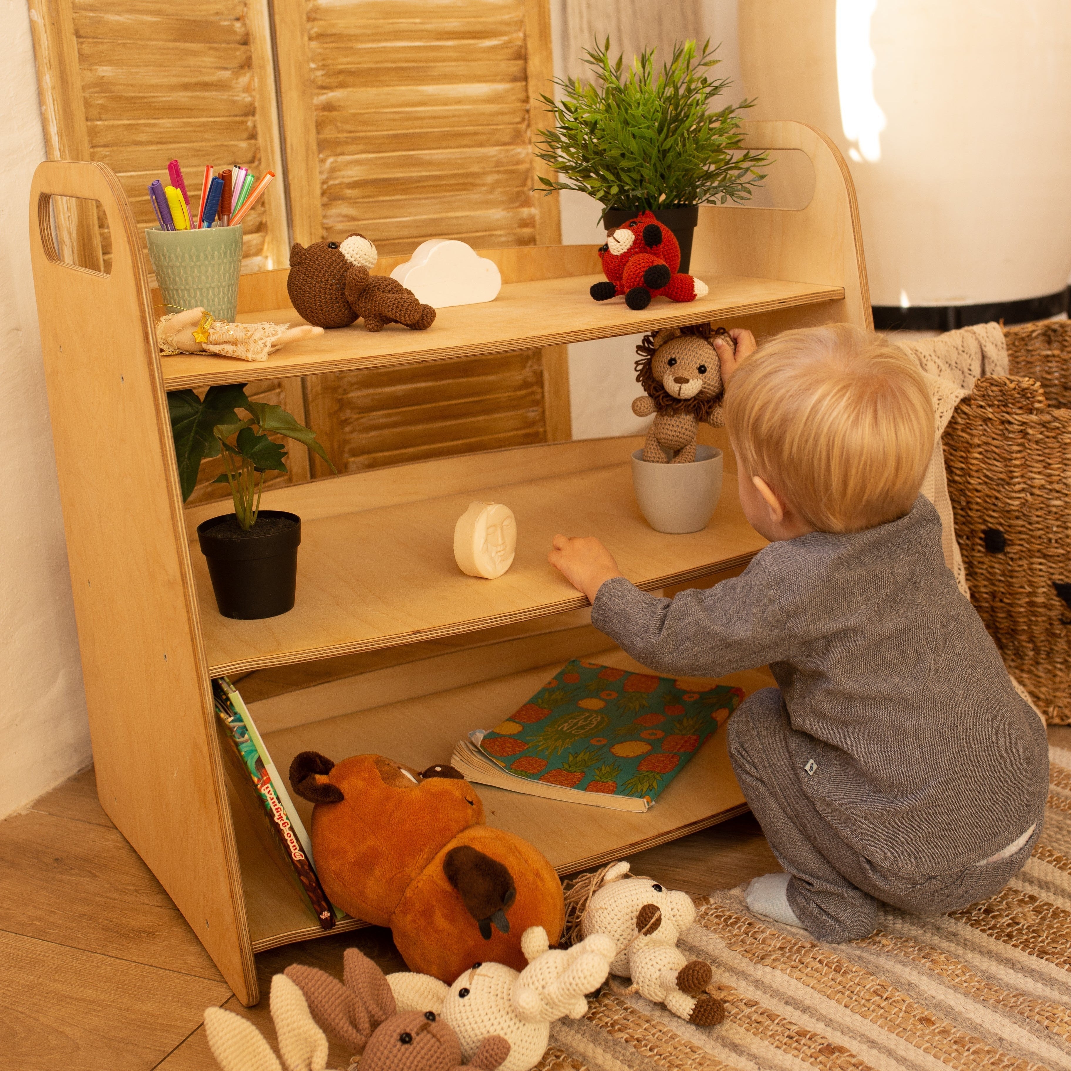 2in1 Montessori Shelves Set: Bookshelf + Toy Shelf – Beige Shelves Goodevas   