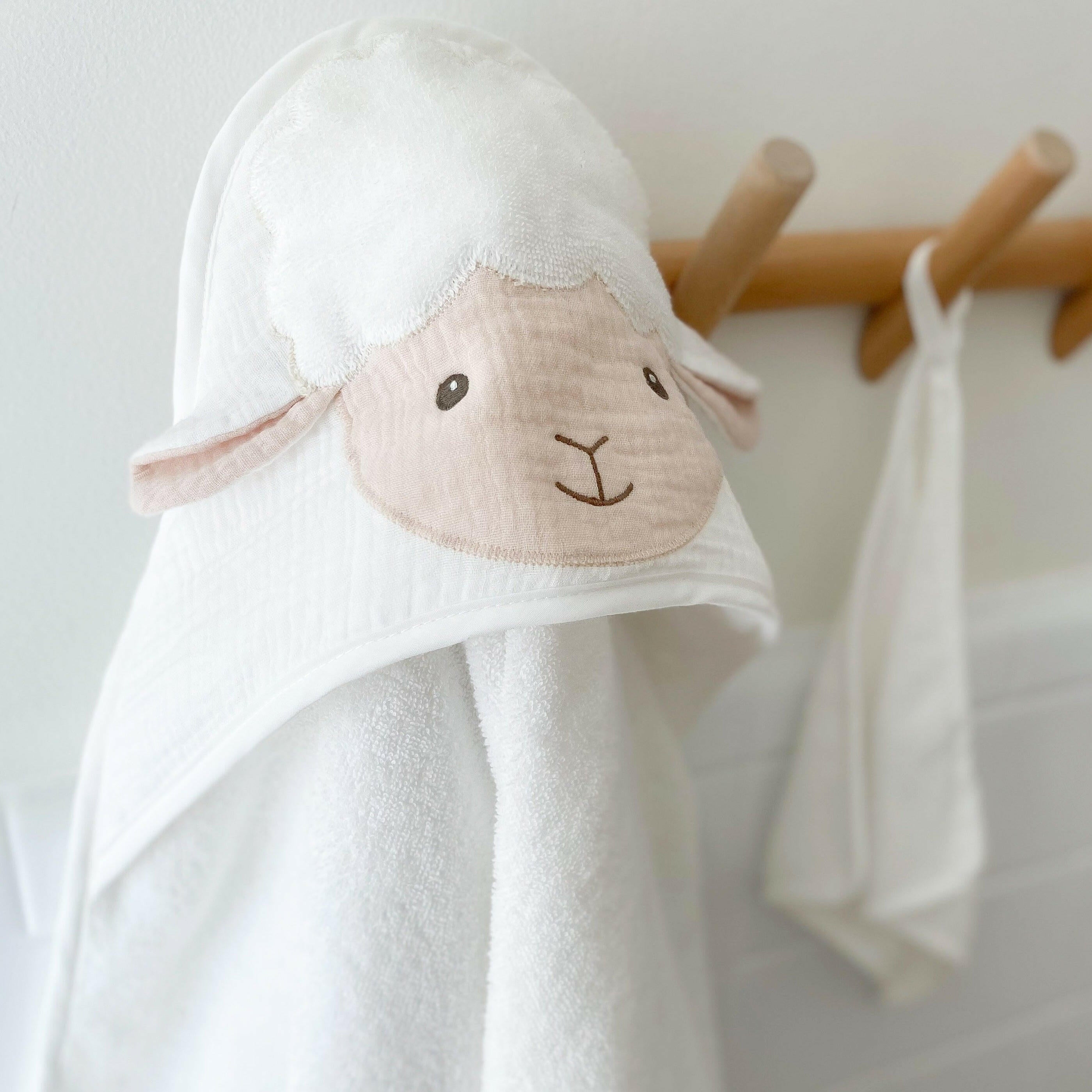 PETIT LAMB TOWEL AND WASHCLOTH SET Hooded Bath Wraps MON AMI   