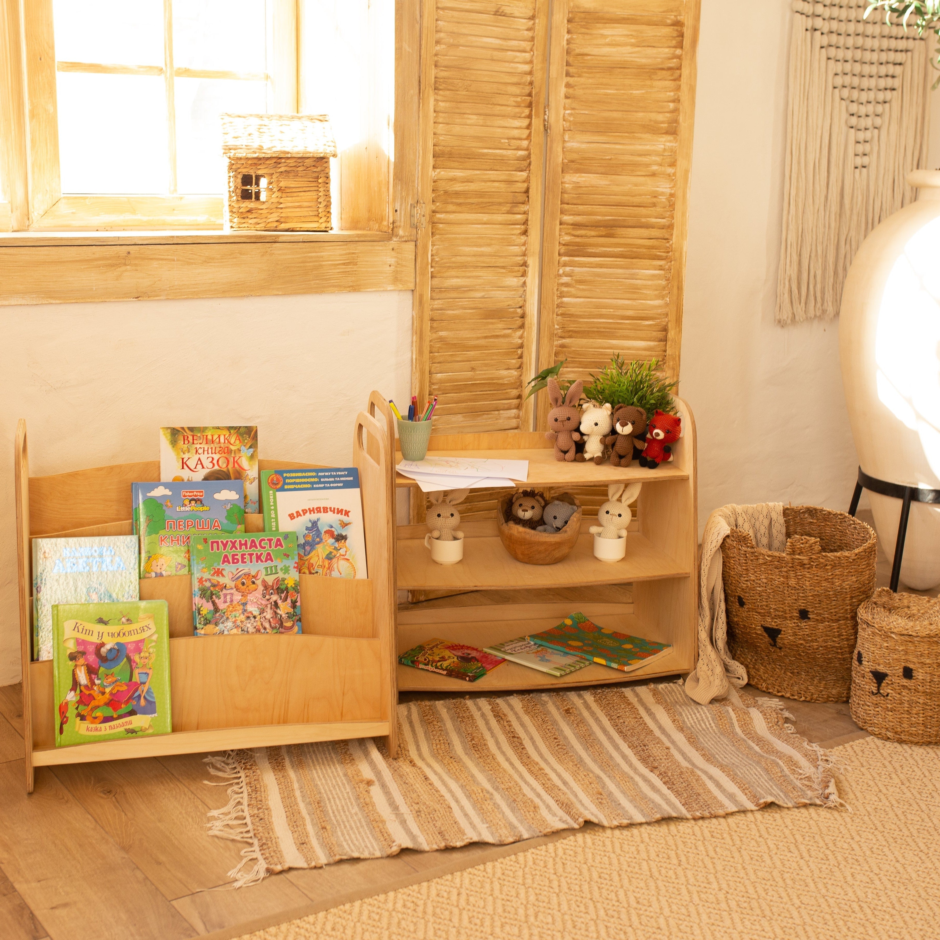 2in1 Montessori Shelves Set: Bookshelf + Toy Shelf – Beige Shelves Goodevas   