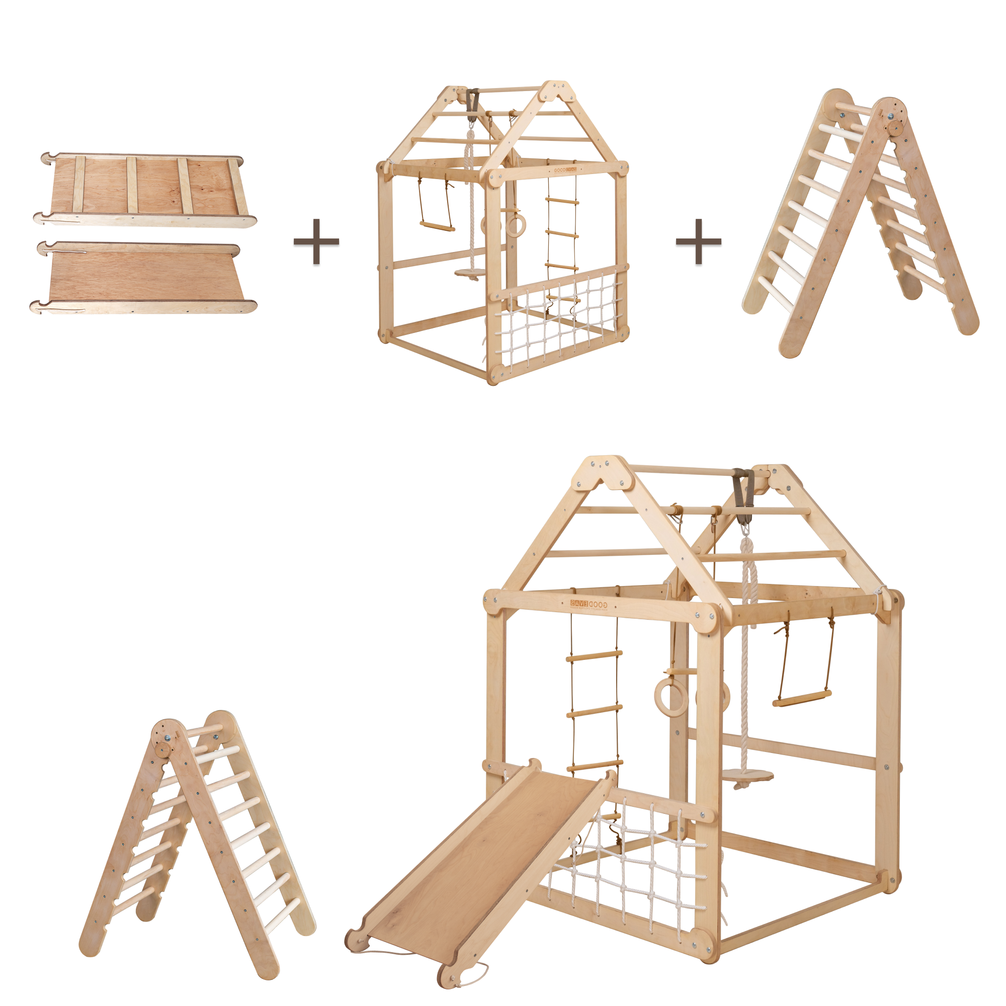 Indoor Wooden Playhouse with Triangle ladder, Slide Board and Swings Playhouses Goodevas   