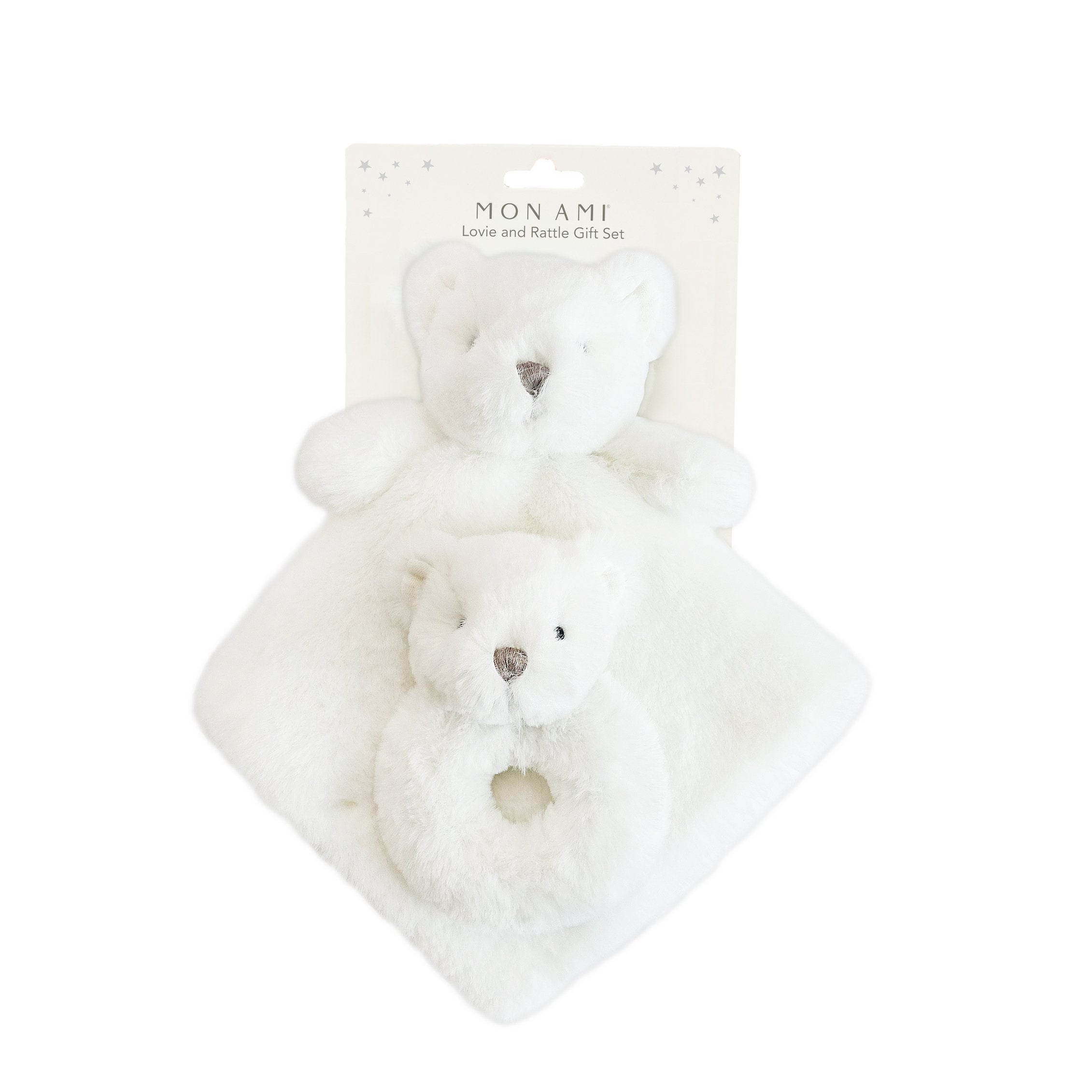 WHITE LUXE BEAR LOVIE AND RATTLE SET Security Blankie MON AMI   