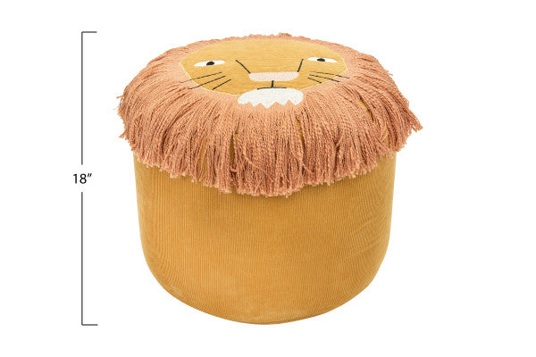 Lion's Face Mustard Yellow Cotton Corduroy Pouf with Embroidered Face & Long Fringe Playroom Furniture Bloomingville   