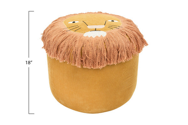 Lion's Face Mustard Yellow Cotton Corduroy Pouf with Embroidered Face & Long Fringe