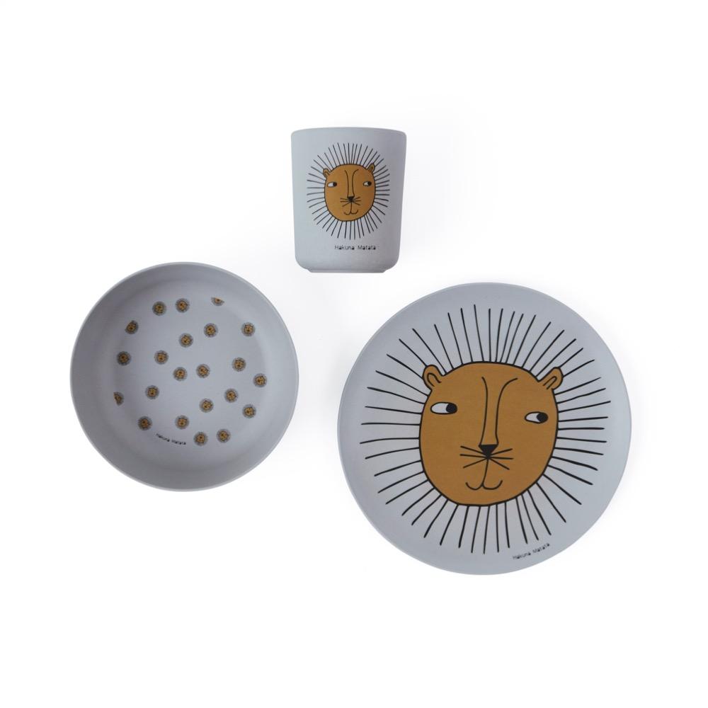 Lion Bamboo Tableware Set - Grey Feeding OYOY   