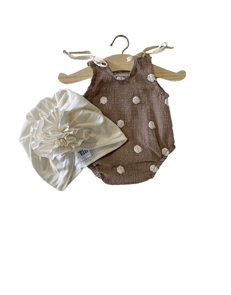 Minikane Barboteuse Set in Taupe Cotton and Flower Turban Doll Clothing Minikane   