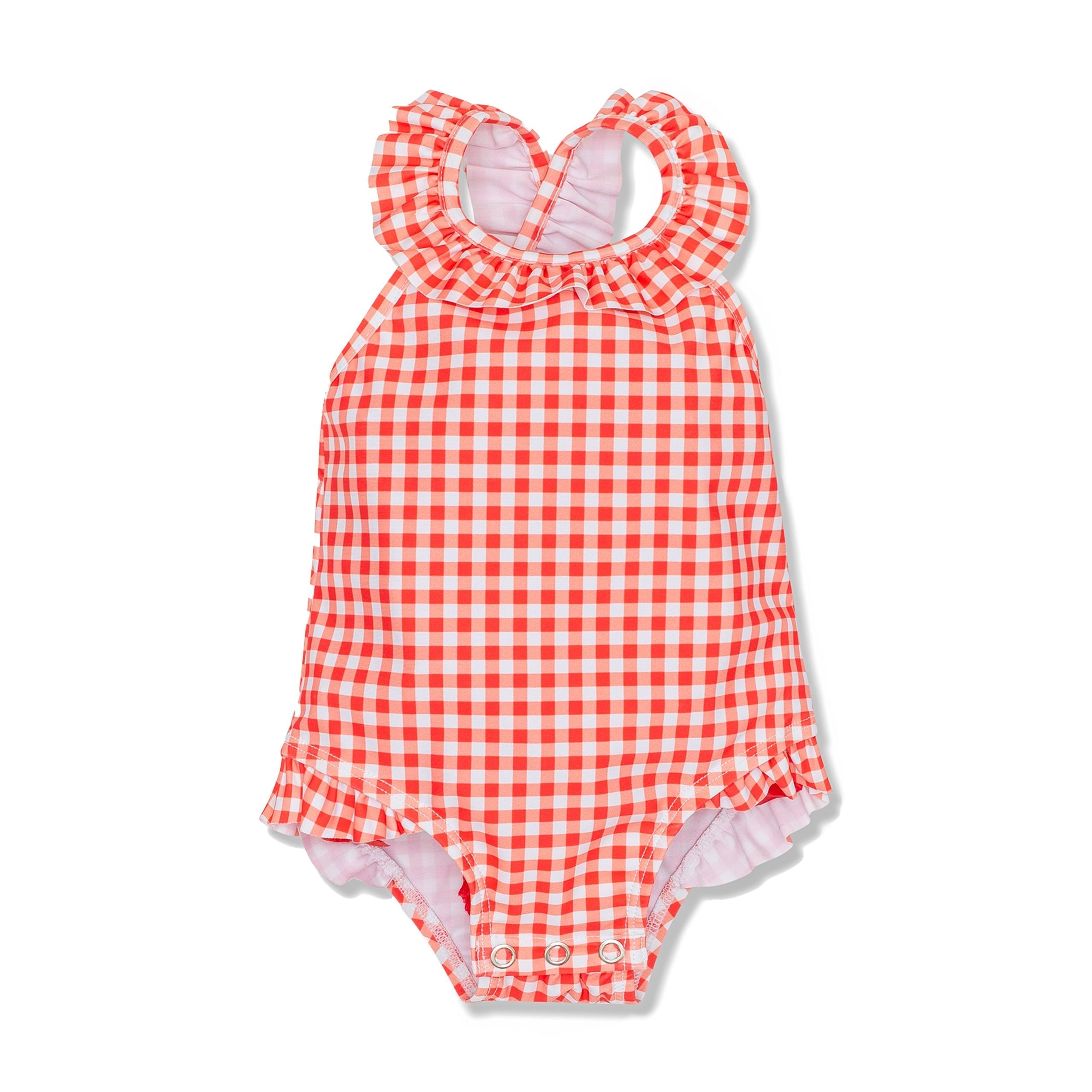 Gingham Baby Swimsuit swimwear Mon Coeur 3/6M Coral Gingham 