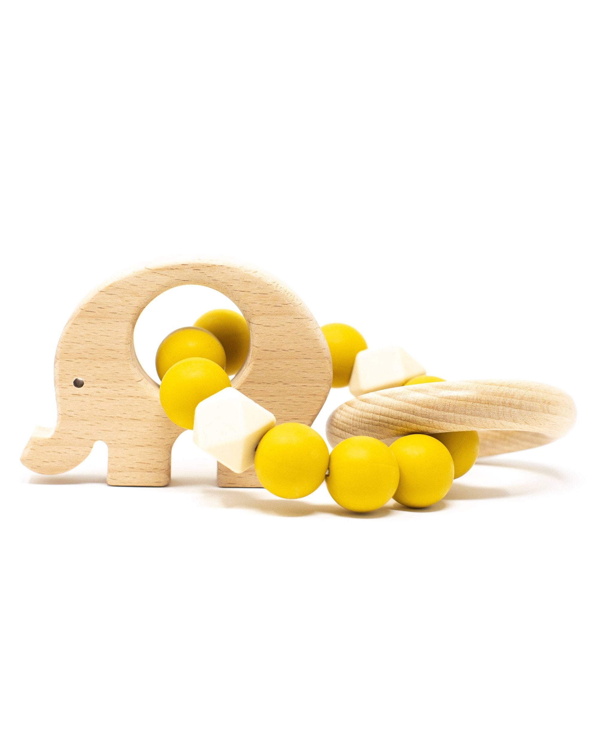 Elephant Teething Rattle Baby Essentials Three Hearts Mustard  