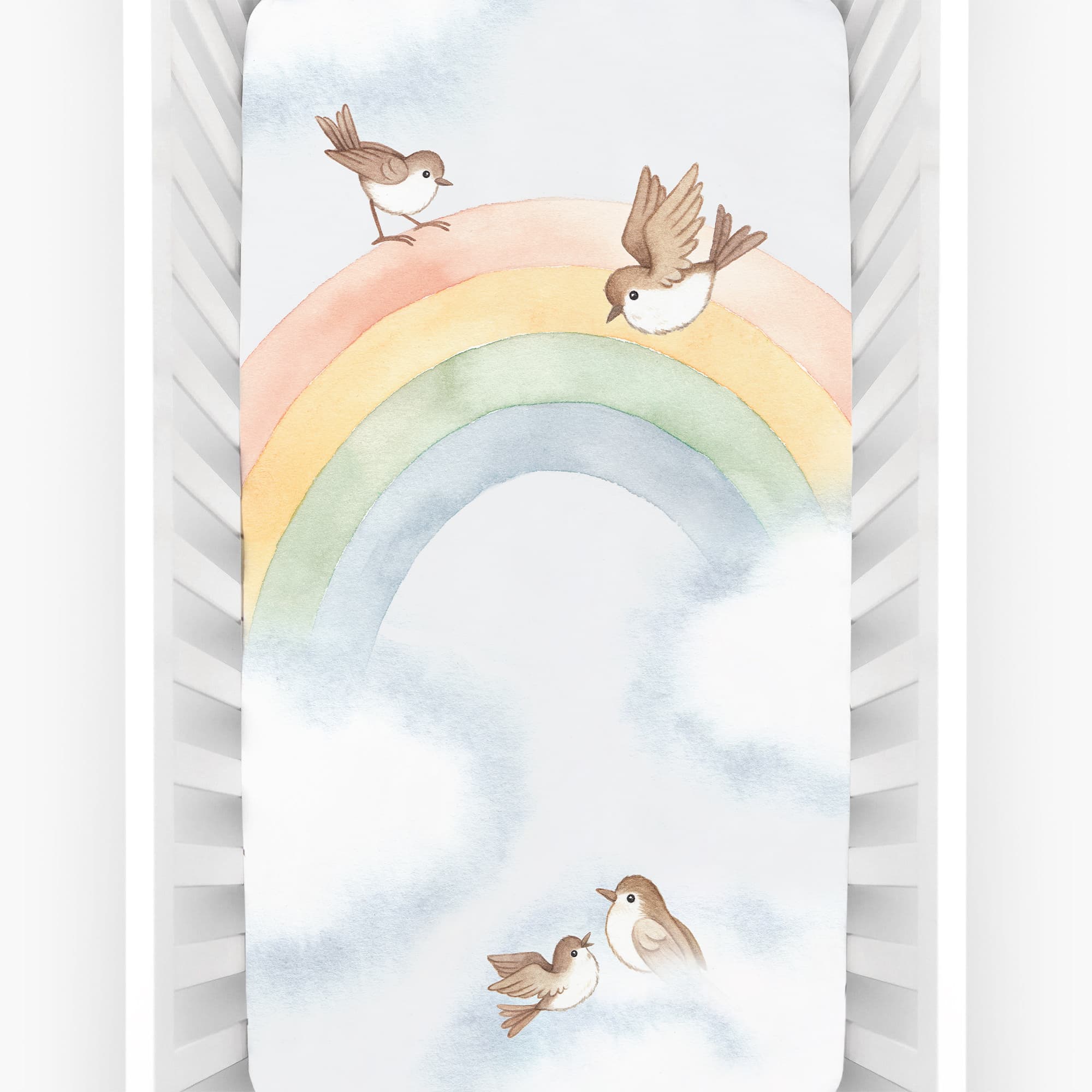 Rainbow and Birds Standard Size Crib Sheet Crib sheets Rookie Humans   