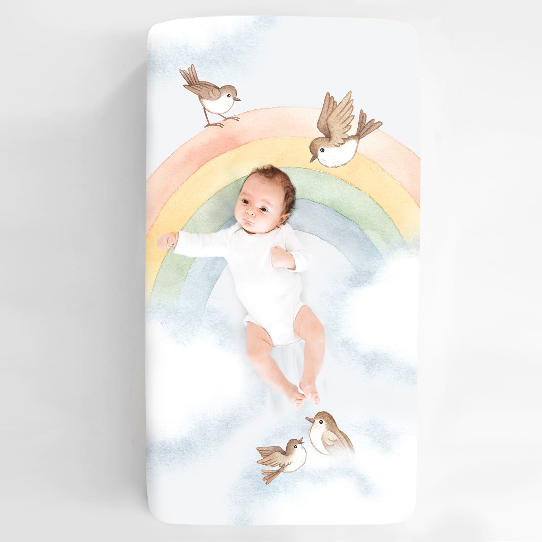 Rainbow and Birds Standard Size Crib Sheet Crib sheets Rookie Humans   