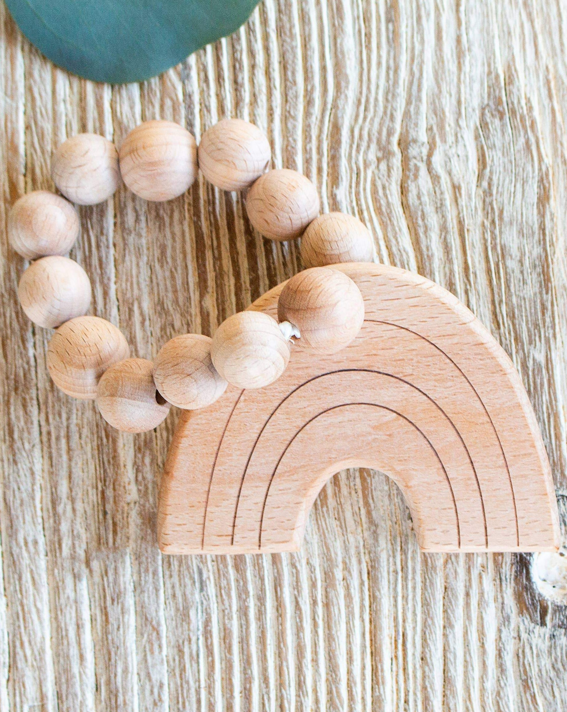 Rainbow Natural Wooden Teether Baby Essentials Bebe Au Lait   