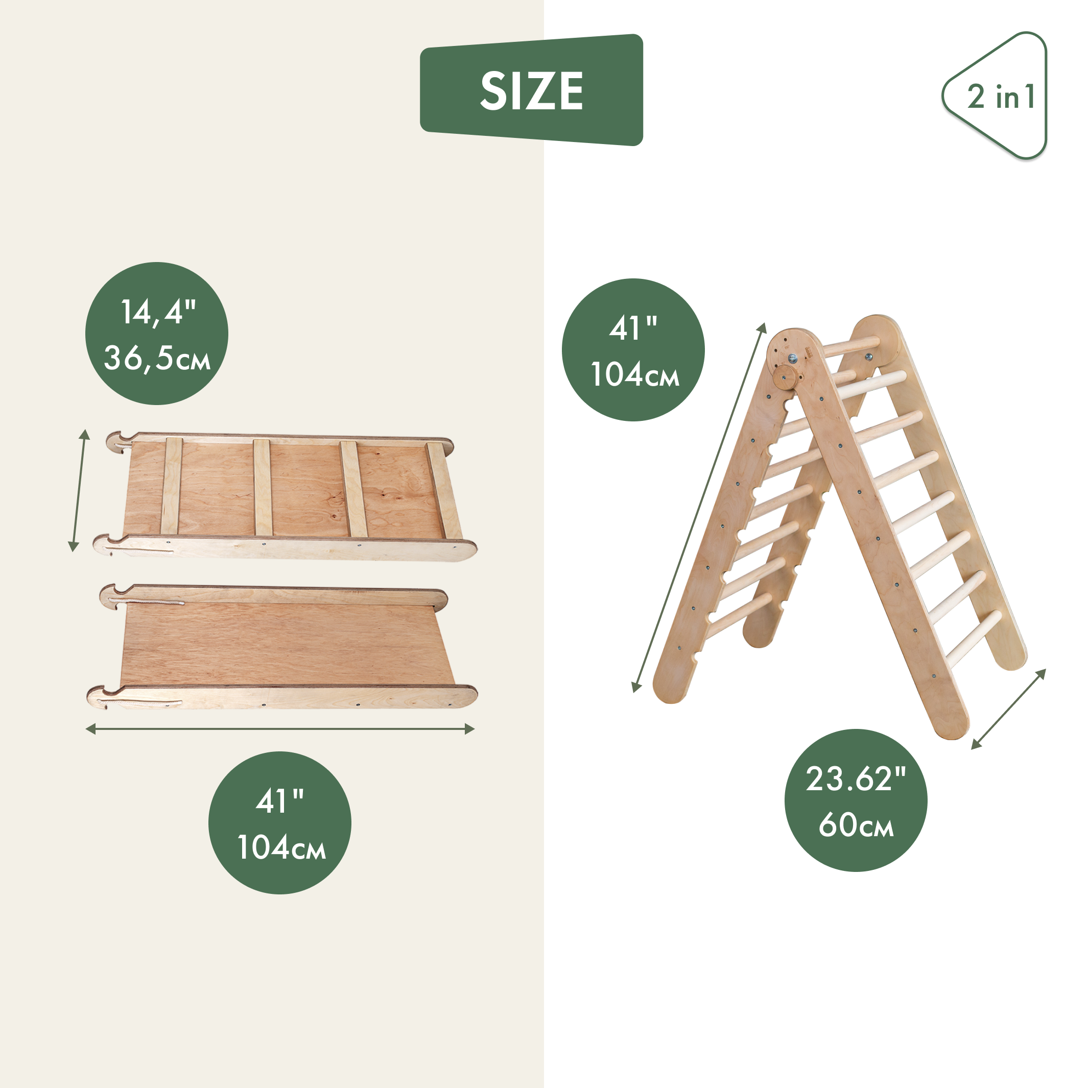 2in1 Montessori Climbing Set: Triangle Ladder + Slide Board/Ramp – Beige 2in1 Playsets Goodevas   