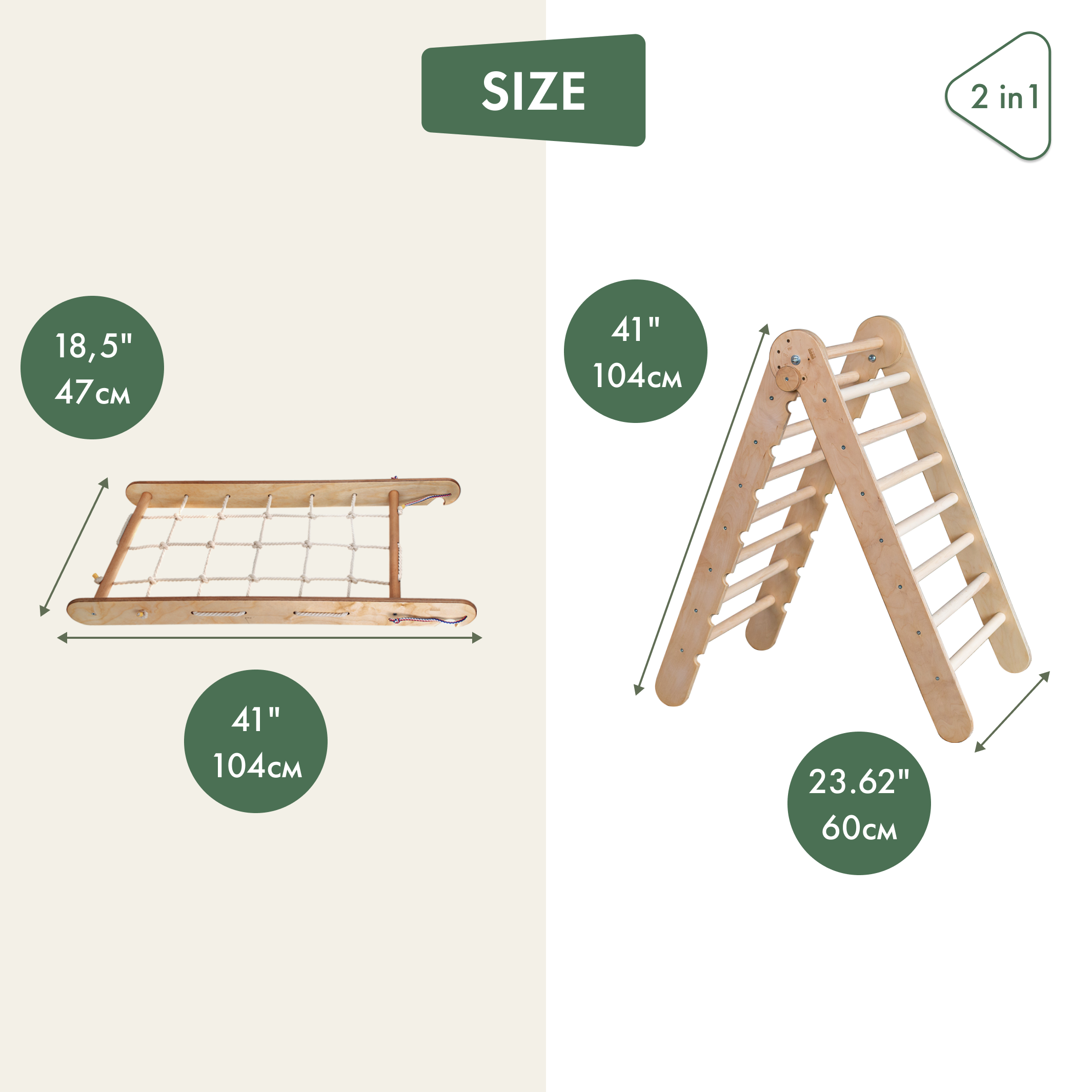 2in1: Montessori Climbing Set: Triangle Ladder + Climbing Net – Beige 2in1 Playsets Goodevas   