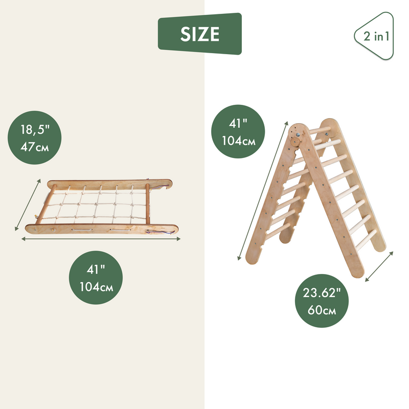2in1: Montessori Climbing Set: Triangle Ladder + Climbing Net – Beige