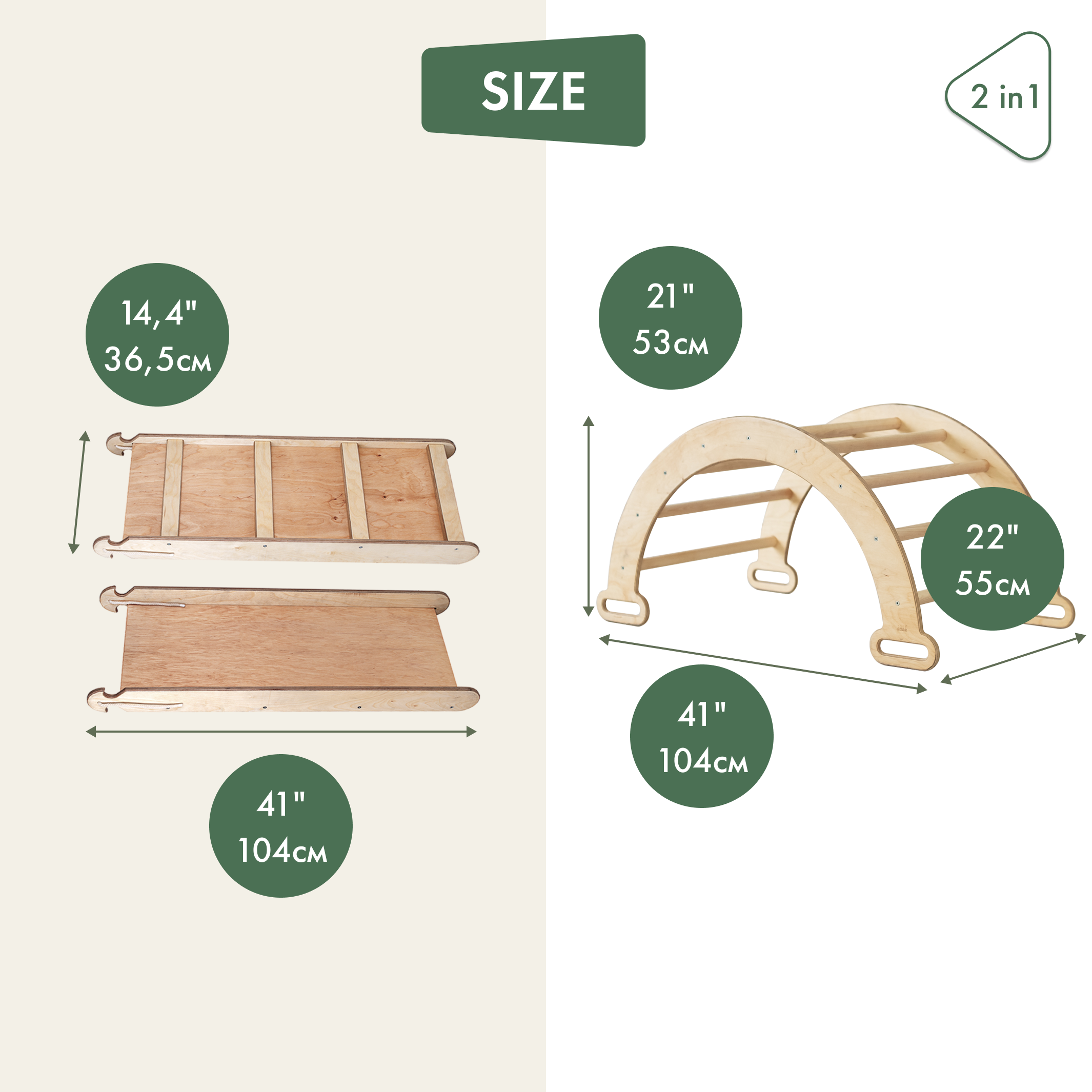 2in1 Montessori Climbing Frame Set: Arch/Rocker Balance + Slide Board/Ramp - Beige 2in1 Playsets Goodevas   