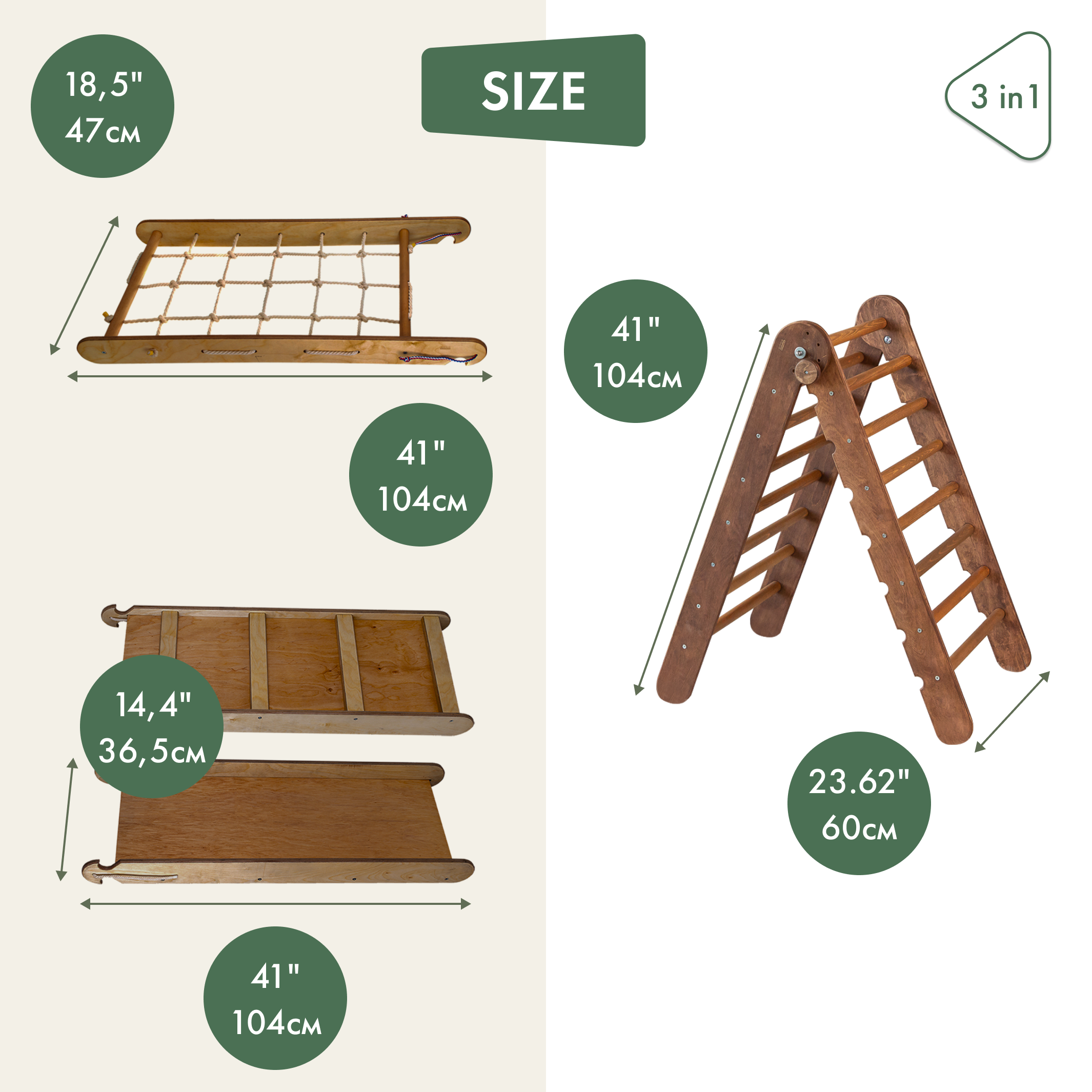 3in1 Montessori Climbing Frame Set: Triangle Ladder + Slide Board/Ramp + Net – Chocolate 3in1 Playsets Goodevas   