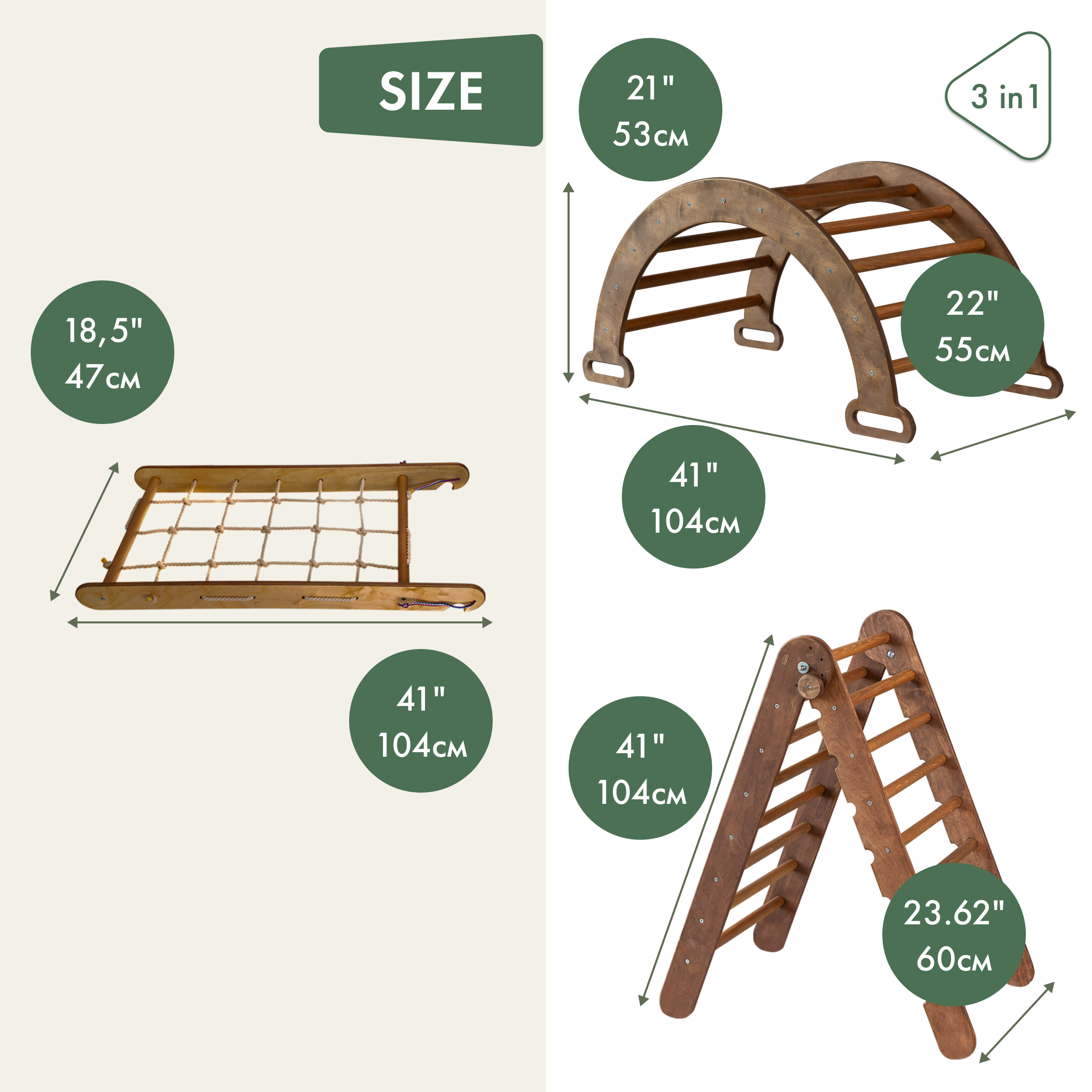 3in1 Montessori Climbing Set: Triangle Ladder + Arch/Rocker Balance + Slide Board – Chocolate 3in1 Playsets Goodevas   