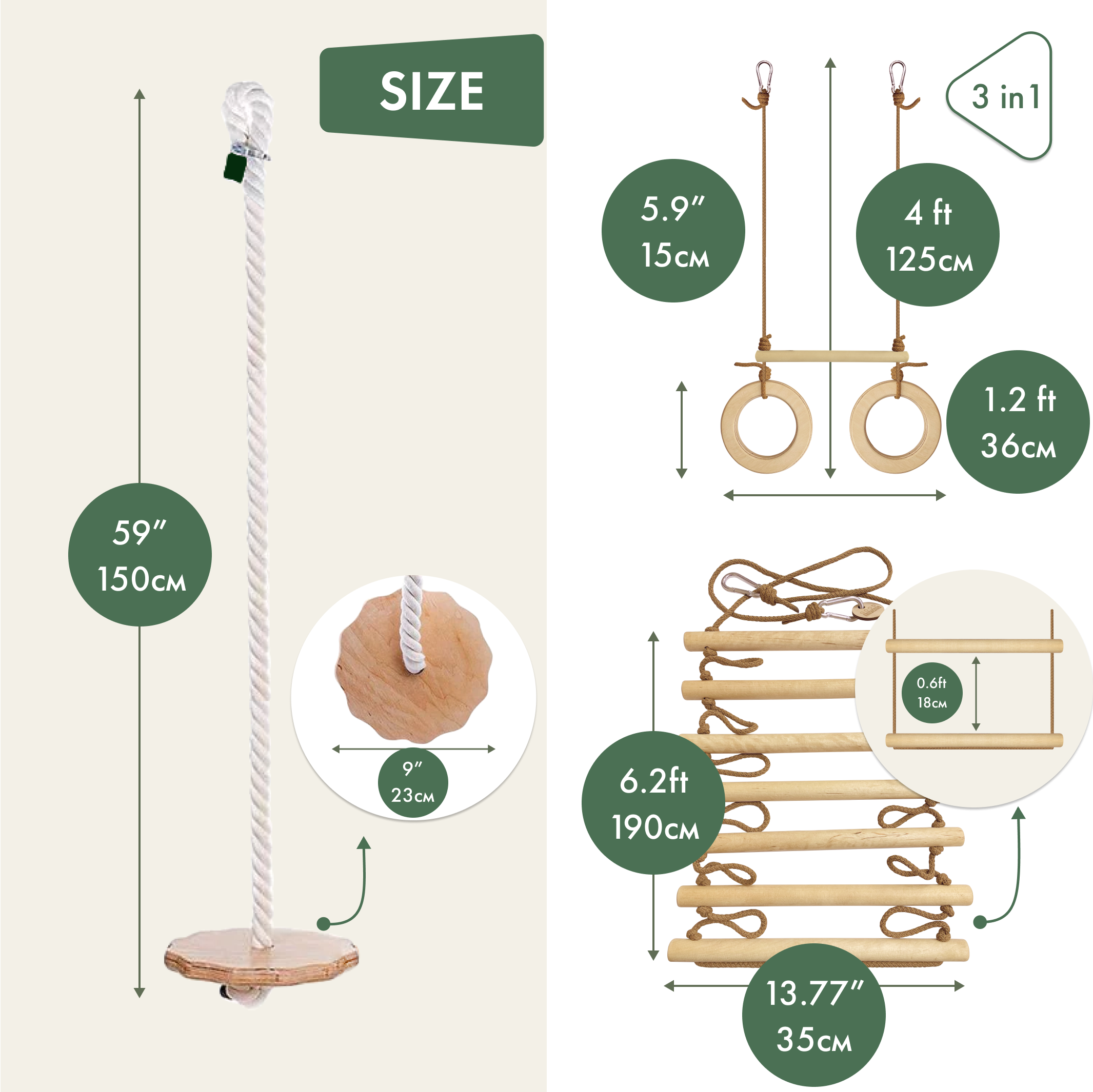 3in1 Swings Set: Rope ladder + Disc Swing + Trapeze bar with rings 3in1 Swing Set Goodevas   