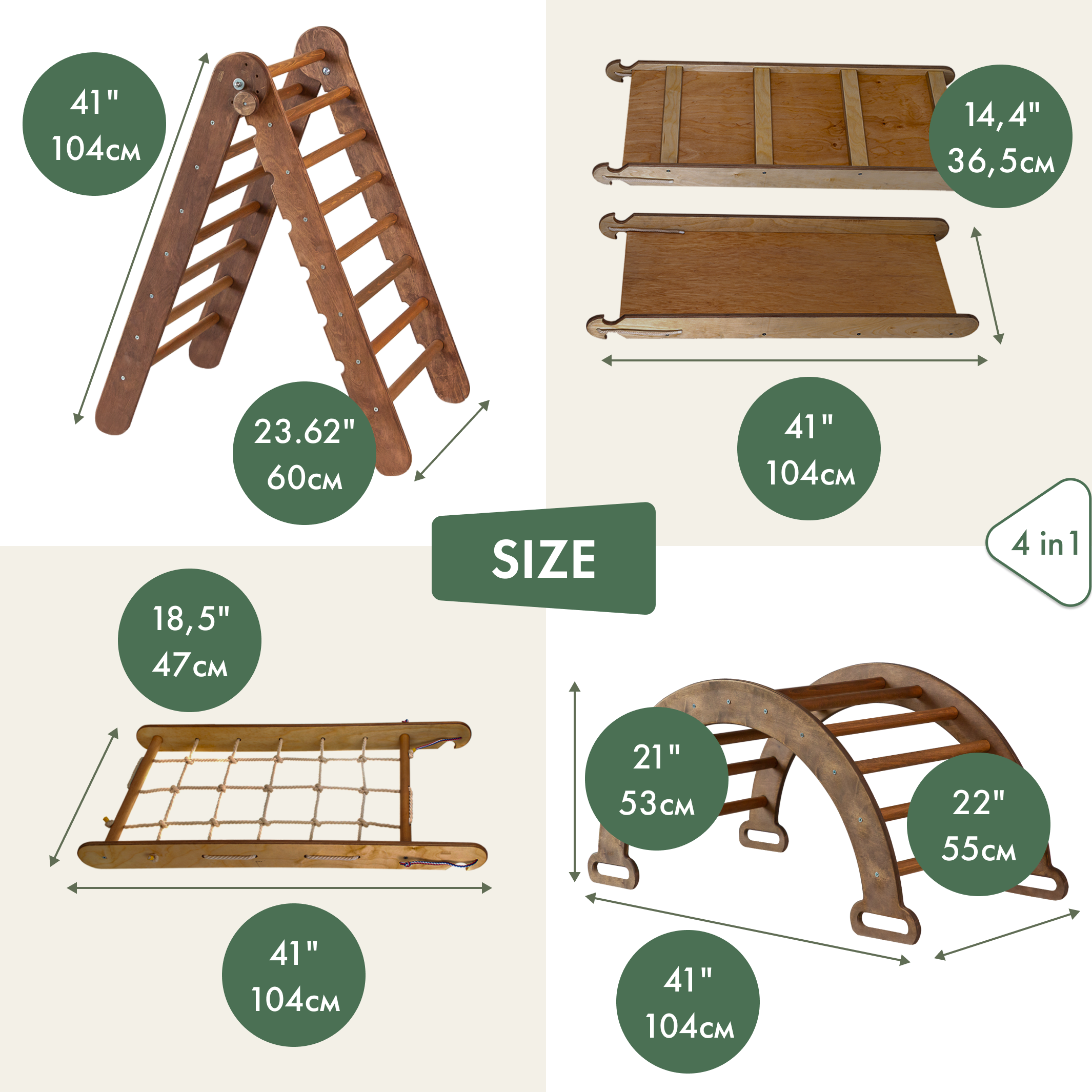 4in1 Montessori Climbing Set: Triangle Ladder + Arch/Rocker + Slide Board/Ramp + Net – Chocolate 4in1 Playsets Goodevas   
